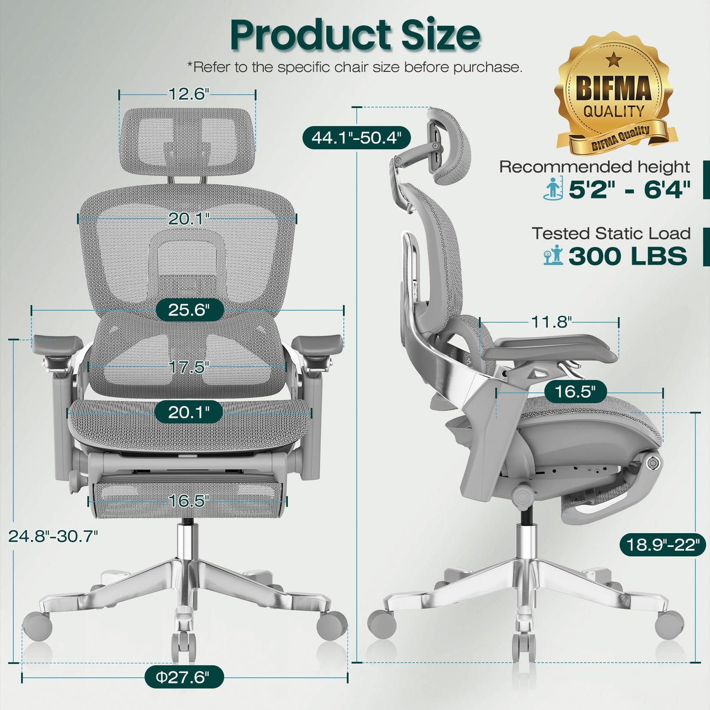 GABRYLLY Ergonomic Office Chair, Home Mesh Desk Chair with Sync Lumbar Support & Sliding Seat, 4D Arm, 150° Recline, Adjustable Back,Big & Tall Computer Chair-Footrest,Aluminum Base, Gray,FLOW550