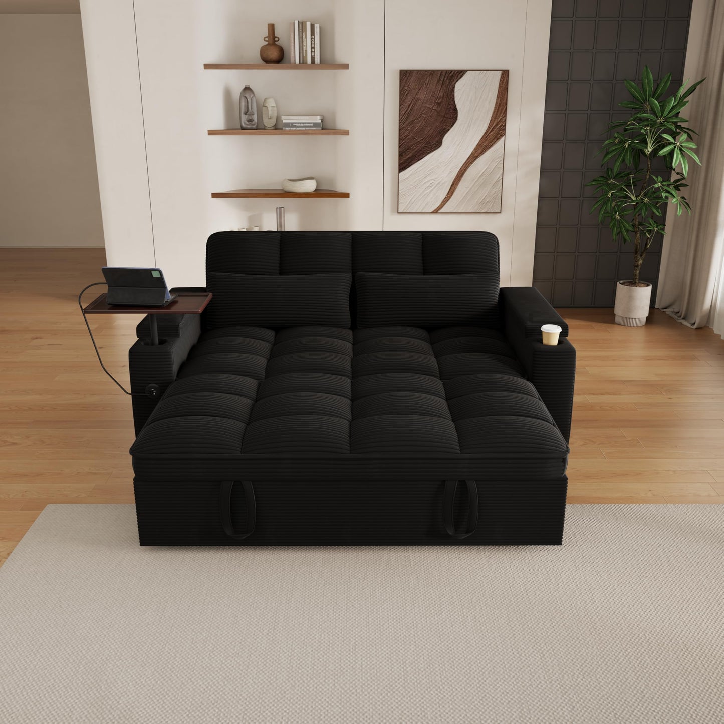 KEIKI 65" 3-in-1 Convertible Sofa Bed with 360° Swivel Table, Pullout Sleeper for Living Room, Small Space Apartment, Modern Textured Corduroy Upholstery, USB Charging, Storage Armrests