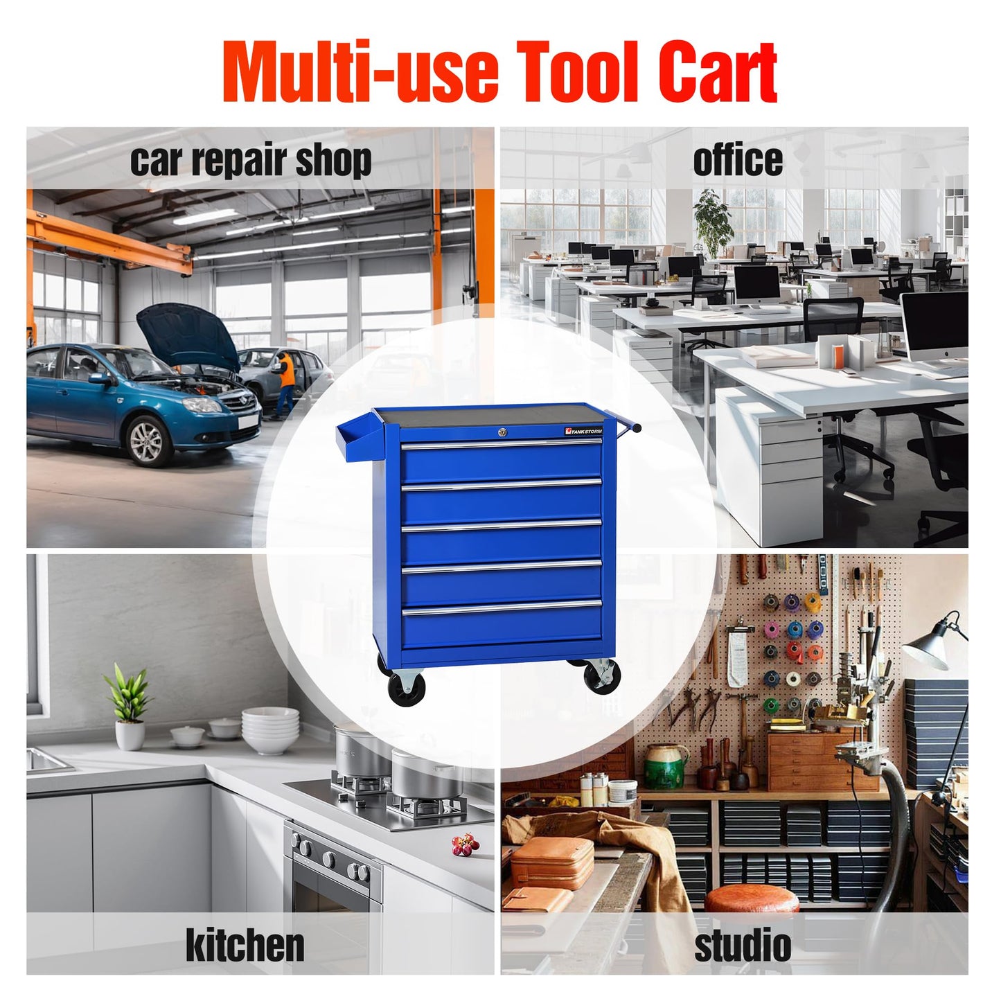 TANKSTORM 5-Drawer Rolling Tool Chest with Wheels, Heavy Duty Metal Tool Cabinet with Lock, Rolling Tool Box Organizer for Garage, Workshop, Repair Shop, Blue