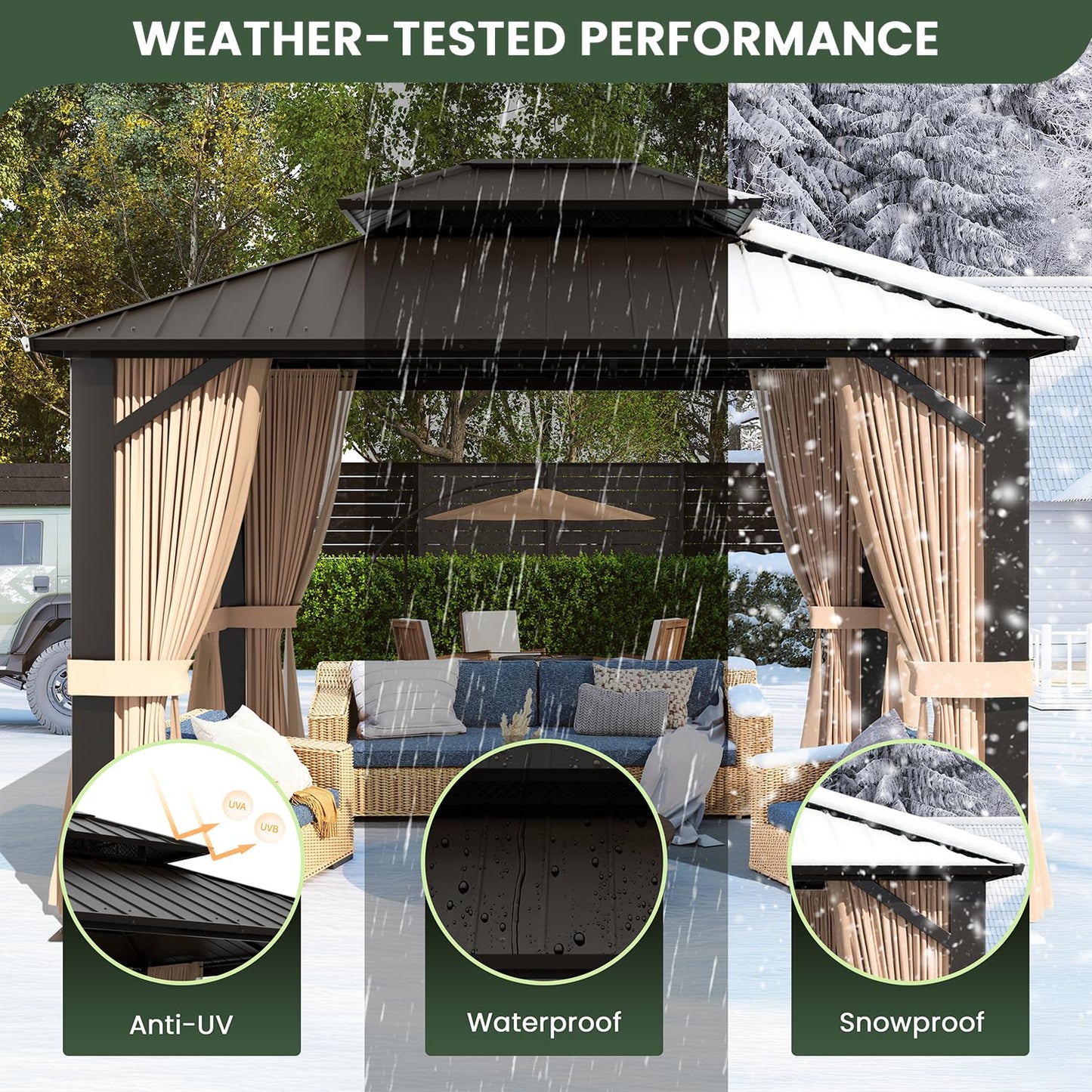 SOLUMIA 10’x12’ Hardtop Gazebo, Galvanized Steel Double Roof Canopy with Heavy-Duty Steel Frame, Outdoor Pavilion with Nettings and Curtains