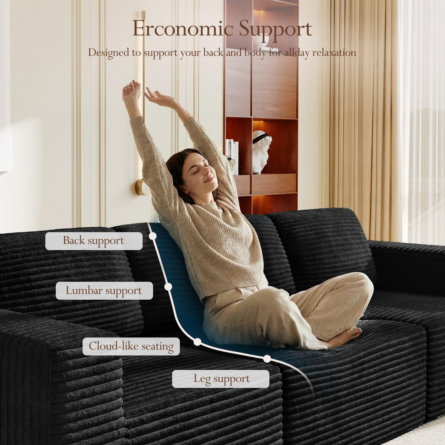 119" Modular Sofa Set, Corduroy Cloud Sectional Couch with Extra Deep Seating & Reinforced Spring System, Compact 3-Seater Boneless Sofa for Living Room & Apartment Spaces, Tool-Free Setup, Black