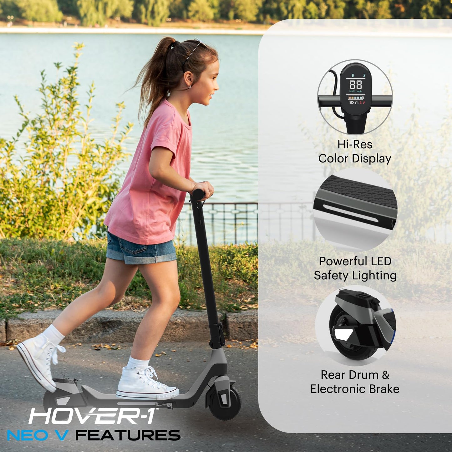 Hover-1 Neo V Foldable Electric Scooter with 250W Rated Brushless Motor, 16 mph Max Speed, 6.5” Wheels, 9 Mile Range Commuting Scooter for Kids & Teens