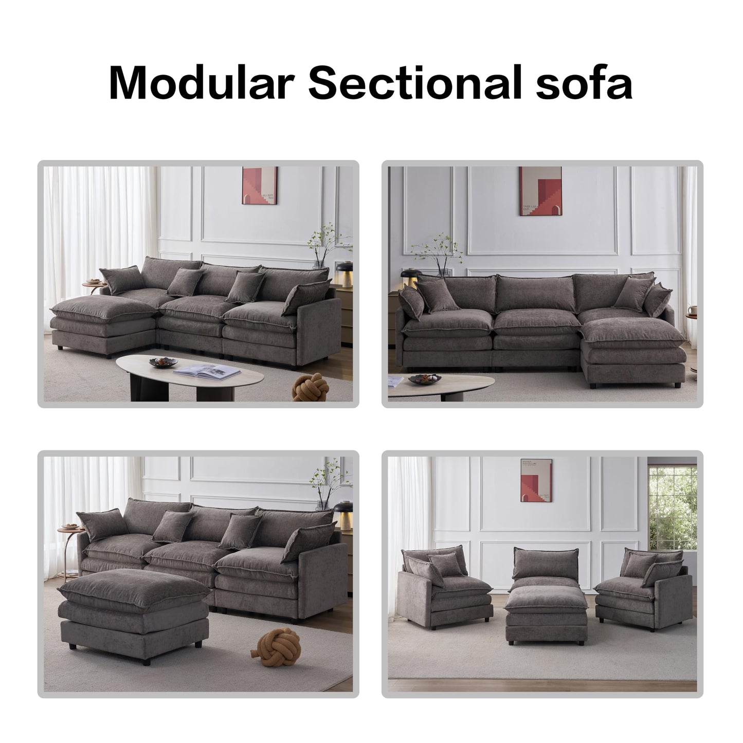 KEIKI 3 Seater Chenille Modular Sectional Couch Sofa with Ottoman, Double-Layer Seat Cushions & Back Cushions, Modern L-Shape Upholstered Cloud Soft Sofa Couches Chaise Lounge for Living Room