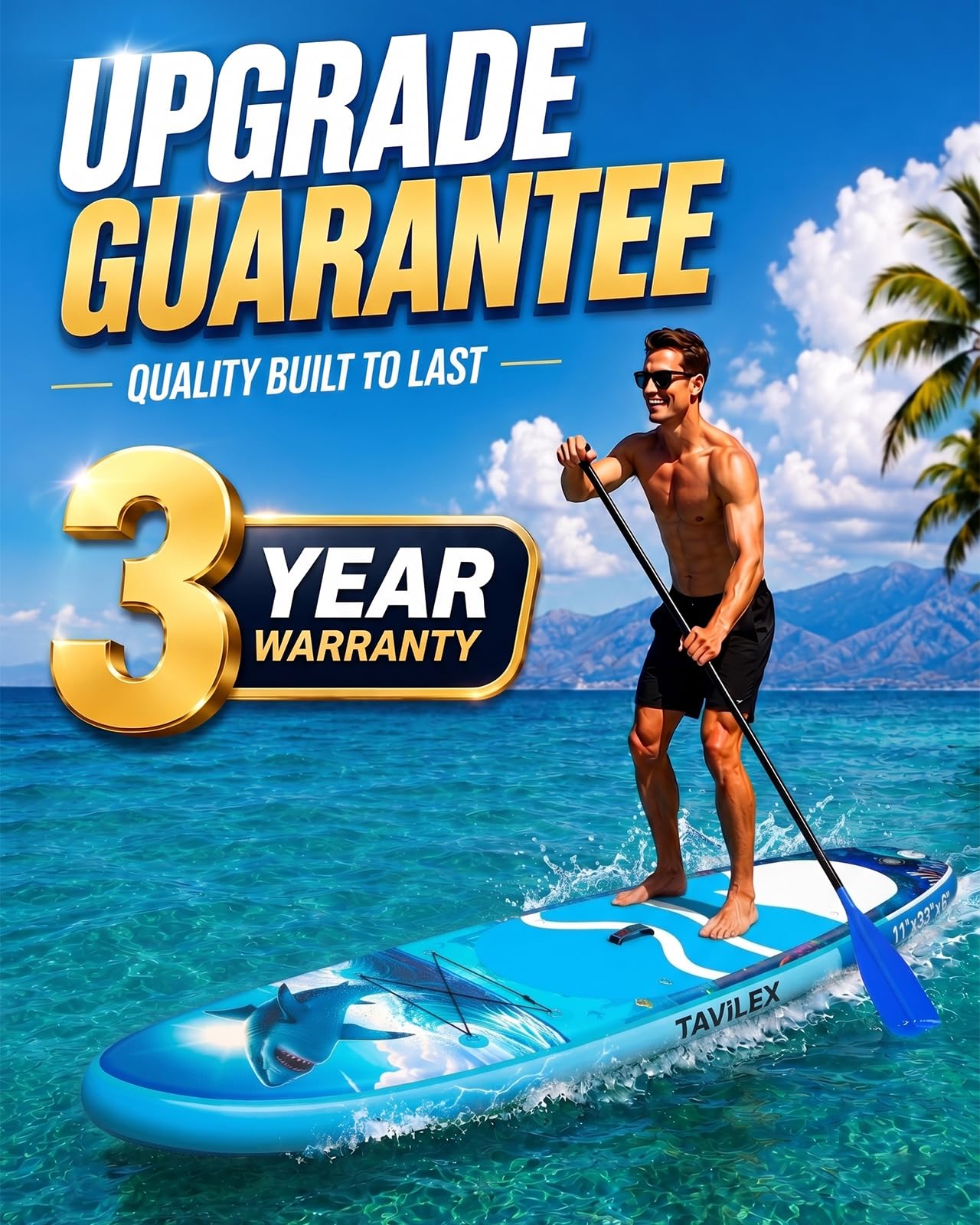 Tavilex Inflatable Stand Up Paddle Board with Seat, 11' x 33" x 6" Ultra-Wide 2-in-1 SUP Board for Adults & Youth, Stable Blow Up Paddleboard Kit with Dual-Blade Paddle (Shark Power)