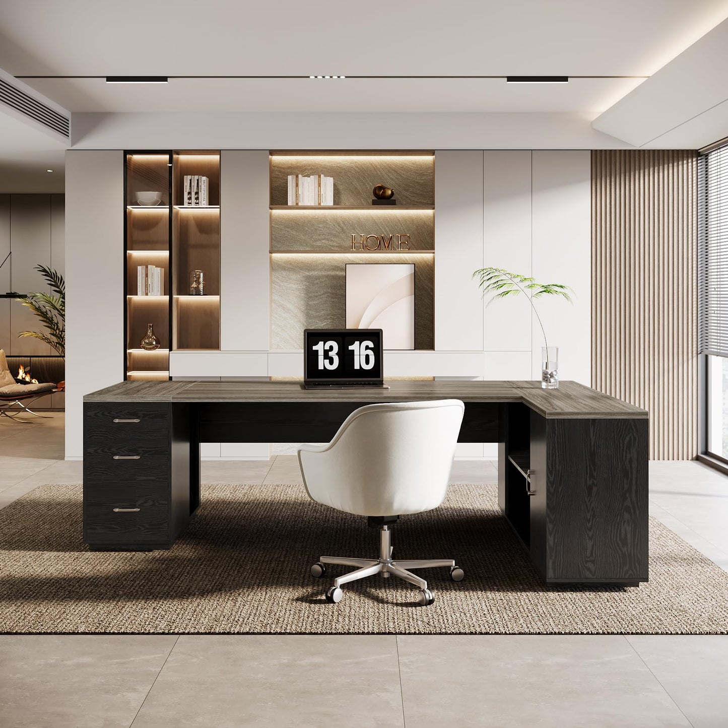 Tribesigns 85.8-Inch L-Shaped Executive Office Desk with File Drawers & Storage Cabinet, Professional Corner Computer Desk Extra Large Business Workstation with Adjustable Shelves (Gray&Black)