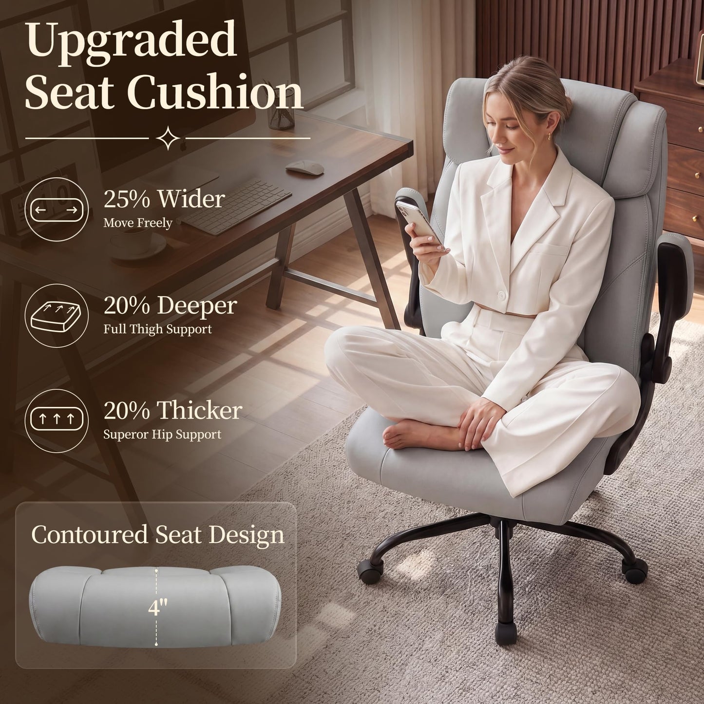 OwgeinSet Office Chair, Leather Ergonomic Computer Desk Chair with Rocking Function, High Back Executive Home Office Chair with Adjustable Flip-up Armrests, Lumbar Support, 360° Swivel, Elegant Grey