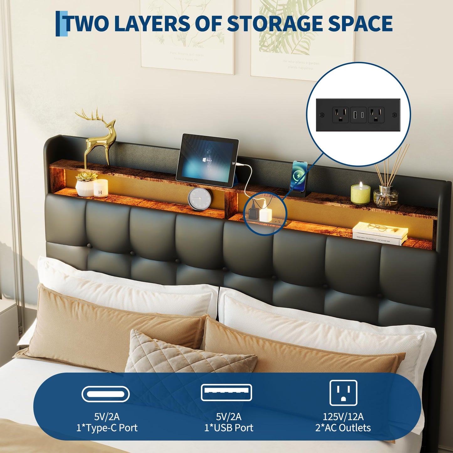 Full Size Upholstered Bed Frame with LED Headboard, 2 Storage Drawers, Charging Socket and USB Port, Soft Fuzzy Soft, Noise-Free Metal Platform for Bedroom, No Box Spring Needed, Natural Wood Shelf