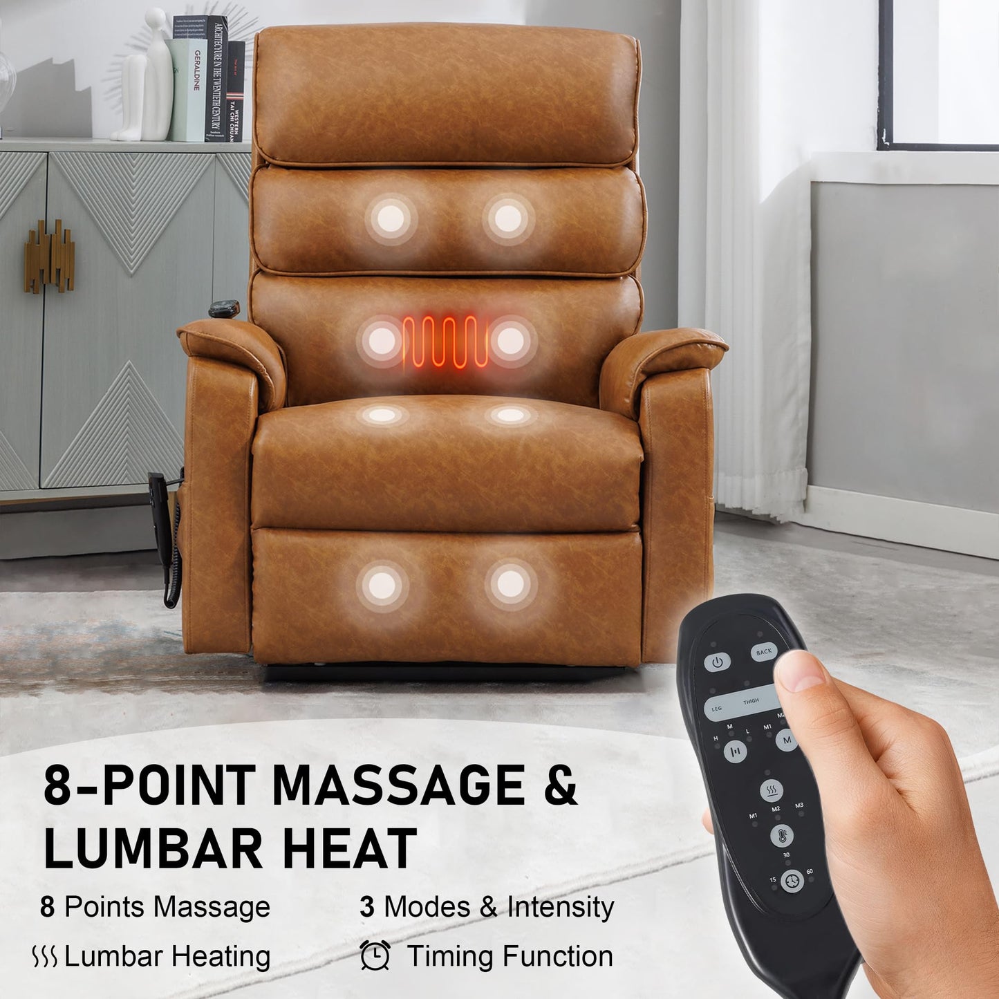 RHHVVR Oversized Power Lift Recliner Chair for Elderly, 180° Flat Lay Zero Gravity Electric Sofa with 8-Point Massage and Lumbar Heat, Breathable Leatheraire, Adjustable Footrest