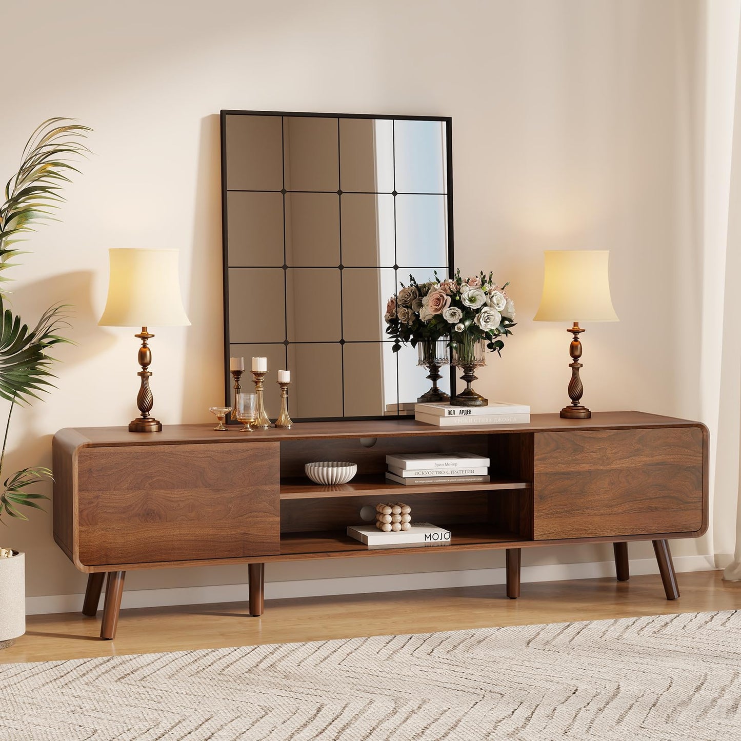 Nasonet 70" Mid Century Modern TV Stand for Tvs up to 80", Entertainment Center with Storage, Sideboard Media Console for Living Room with 2 Sliding Door/Adjustable Shelves, Walnut
