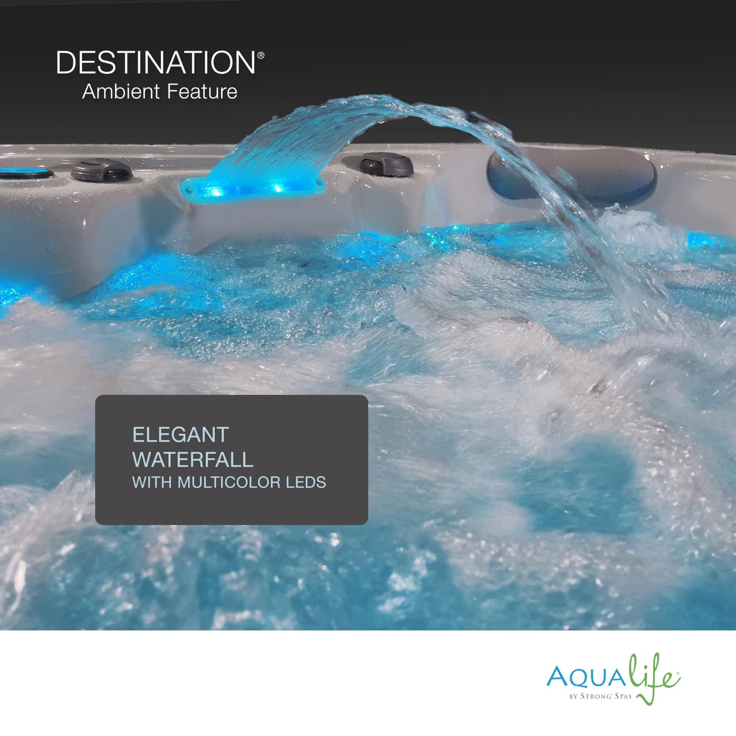 Destination Outdoor Hot Tub, 5-Person 59-Jet 80-Port 4-Pump Lounger Spa with Waterfall Arch and Bluetooth Stereo by Aqualife by Strong Spas