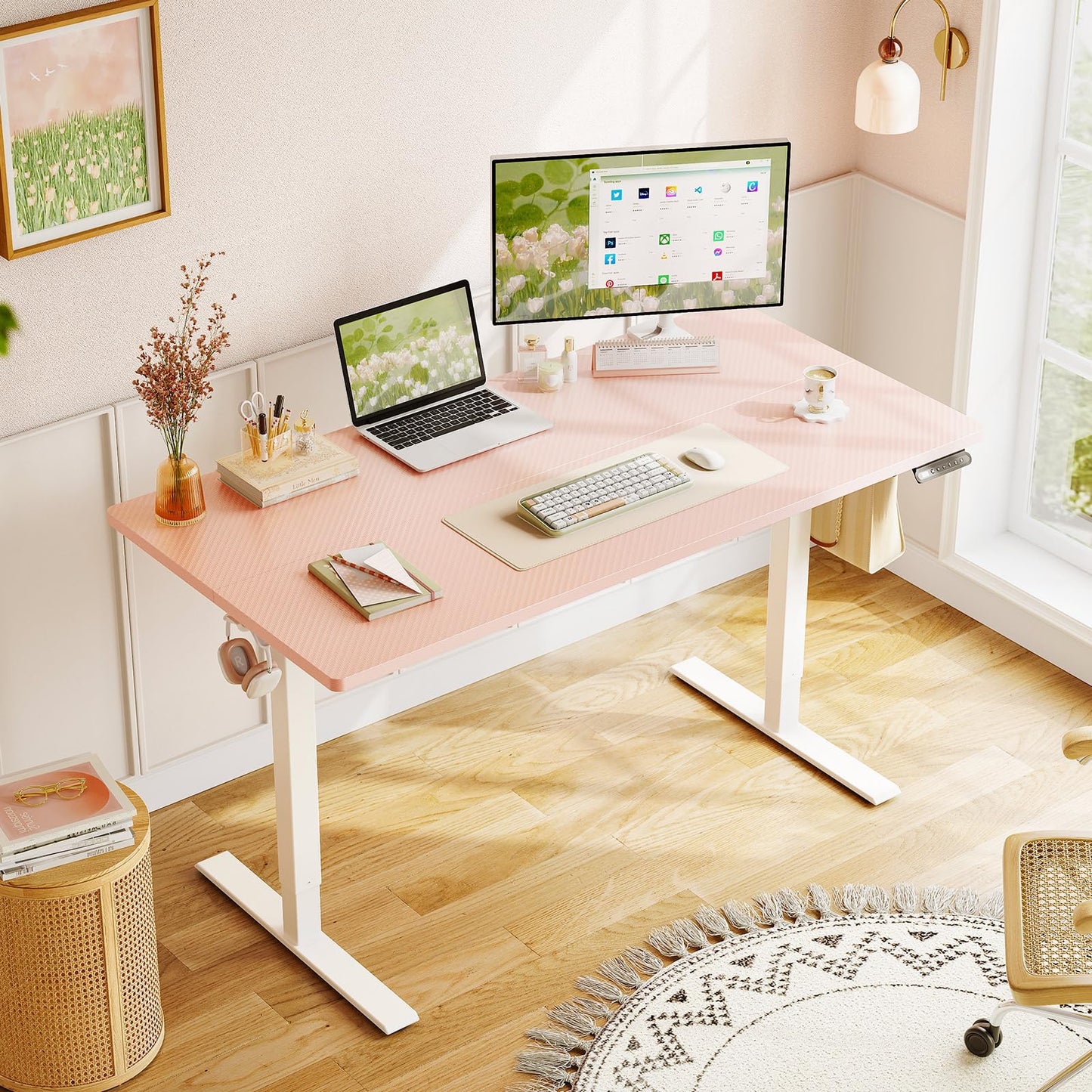 OffiGo Electric Height Adjustable Standing Desk, 48 Inch Pink Computer Desk for Women Girls, Sit Stand Table for Home, Office, Bedroom