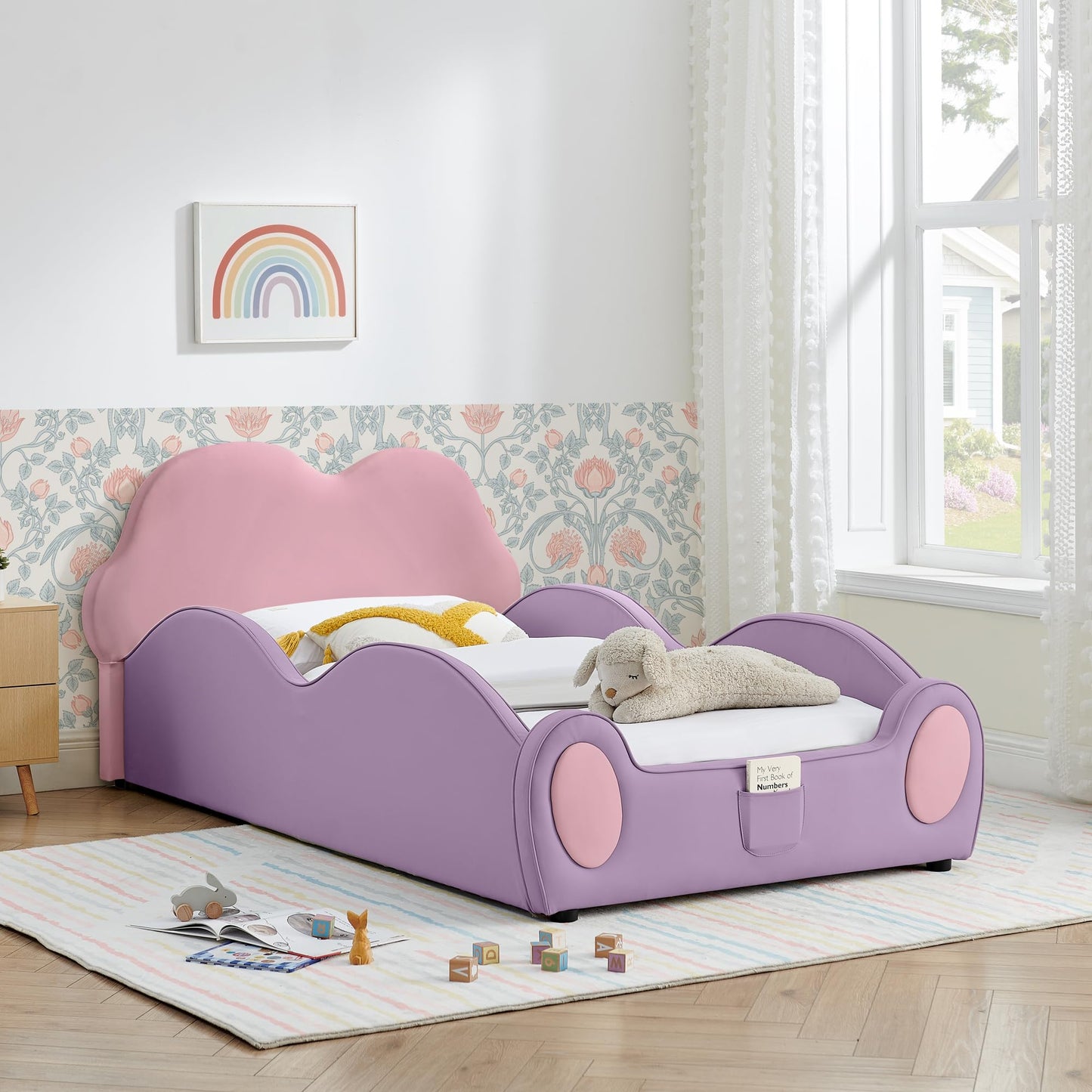 KEIKI Twin Size Upholstered Platform Bed Frame with Cute Cloud-Shaped Headboard & Pocket, for Boys and Girls, PU Leather Bed with High Guardrail & Slats, No Box Spring Required, Easy Assembly, Pink