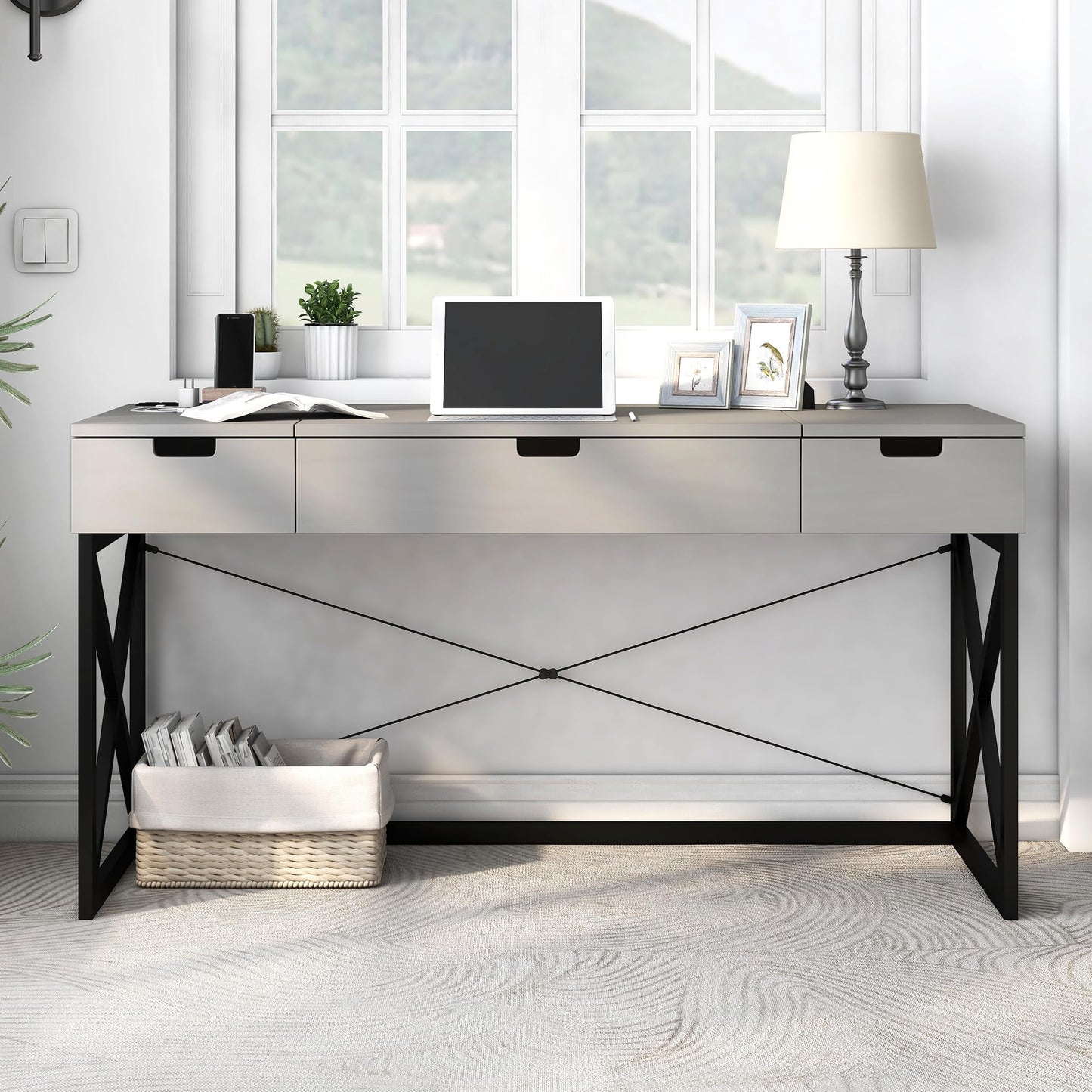 24/7 Shop at Home Ashiya Transitional 2 Drawers Metal Hidden Storage Desk with Lift-Top, USB Port, Power Outlet for Workstation, Home Office, Study Room, Antique Gray