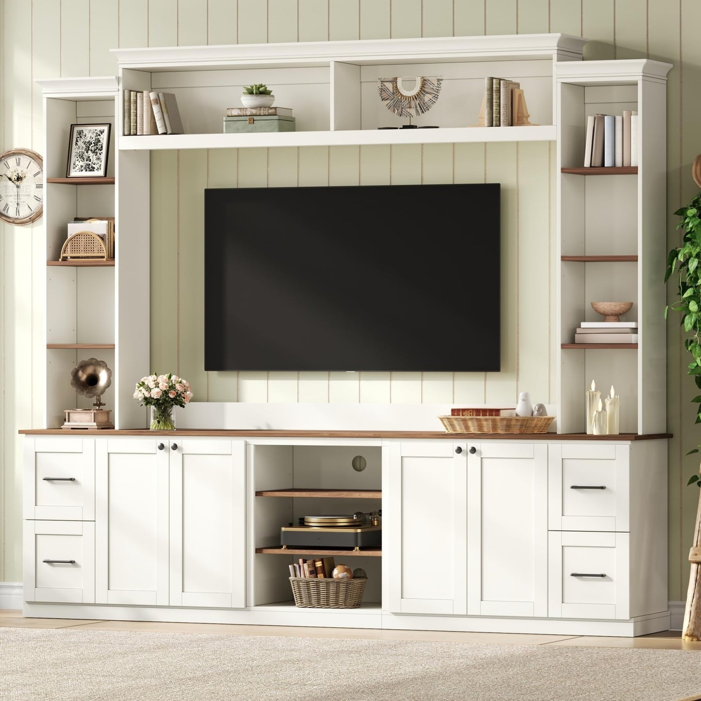 Merax 4-in-1 Wall Unit Entertainment Center with Bookshelf for TVs Up to 70", Farmhouse Large TV Stand with Walnut Adjustable Shelves, Elegant Retro Media Console with Drawers for Living Room, White