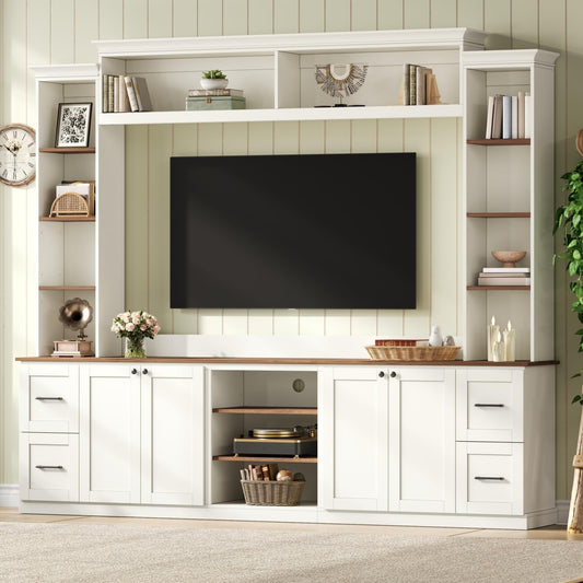Merax 4-in-1 Wall Unit Entertainment Center with Bookshelf for TVs Up to 70", Farmhouse Large TV Stand with Walnut Adjustable Shelves, Elegant Retro Media Console with Drawers for Living Room, White