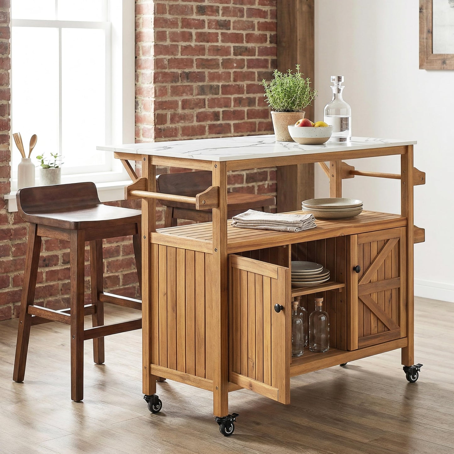 Merax Outdoor Patio Acacia Wood Bar Cart, Natural Finish with Marble-Effect Top, Lockable Wheels & Bottle Holders, Indoor-Outdoor Serving Cart