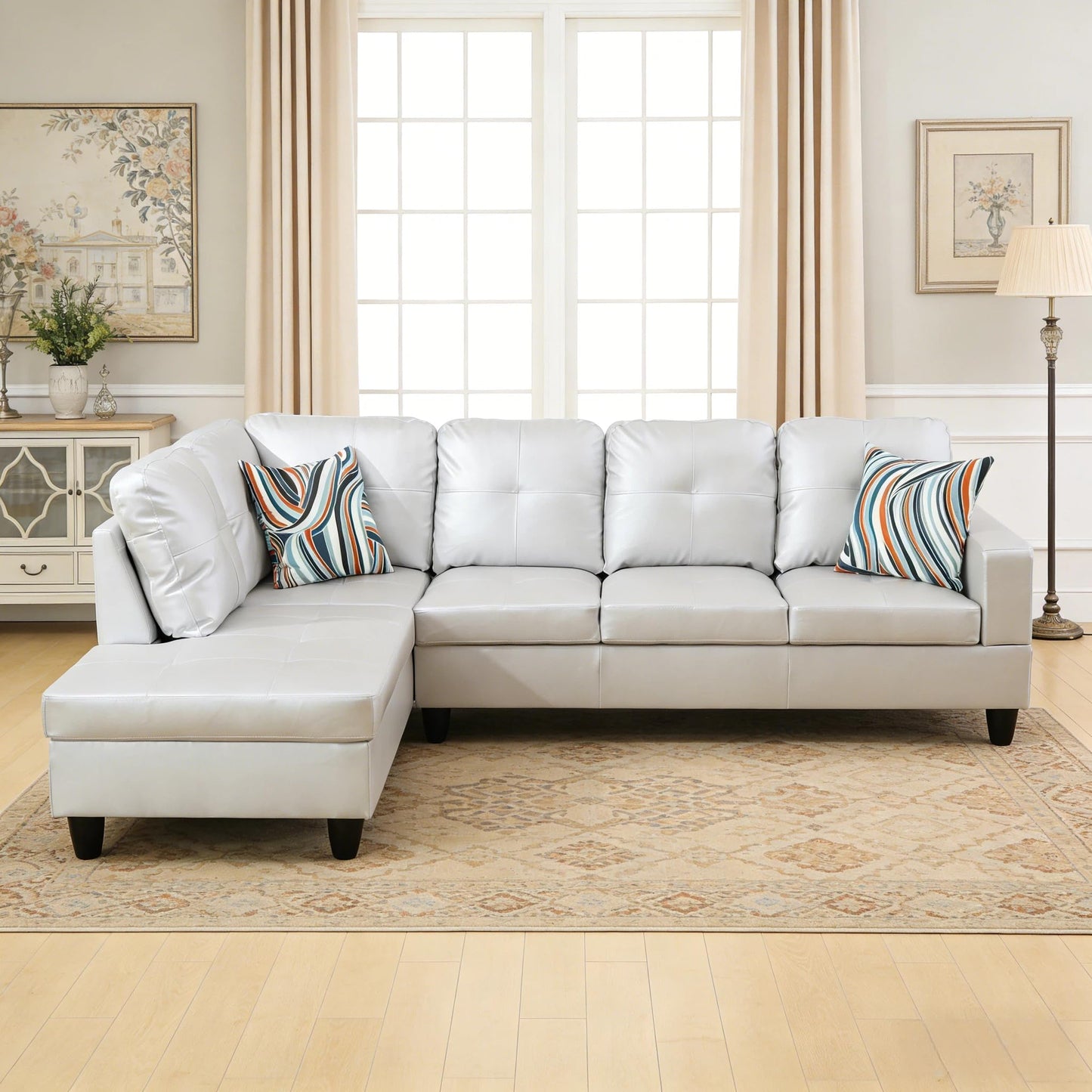 Trygoal 103.5 Inch Modern L-Shaped Couch, PU Leather Sectional Sofa with Chaise Lounge, 4-Seater Couch with Accent Pillows for Living Room, Apartment, Silver Grey