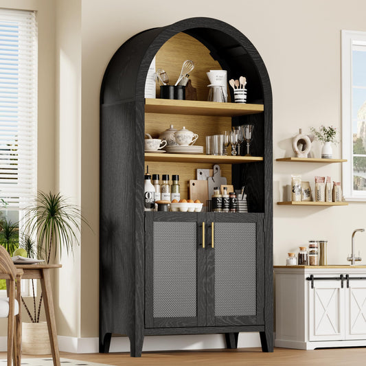 Trygoal 63" Black Arched Cabinet with Doors, 5-Tier Arched Bookshelf with Storage Wood Storage Cabinet with Adjustable Shelves for Kitchen, Living Room, Office, Black & Rattan