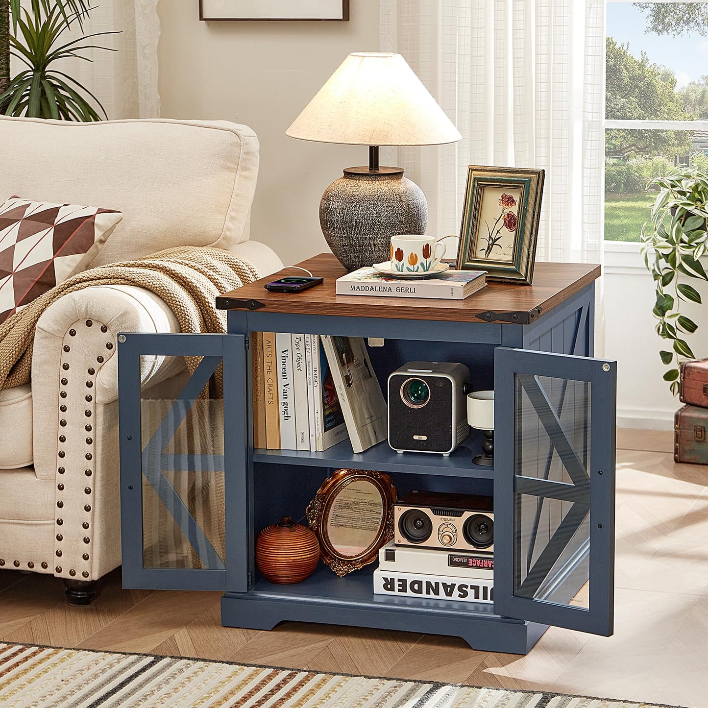 Joaxswe End Tables Living Room Set 3 with Charger Station, Farmhouse 18'' Narrow Night Stand and 24" Square Side Table with Glass Barn Door Storage, Wood Nightstand Bedside Tables for Bedroom Office ﻿