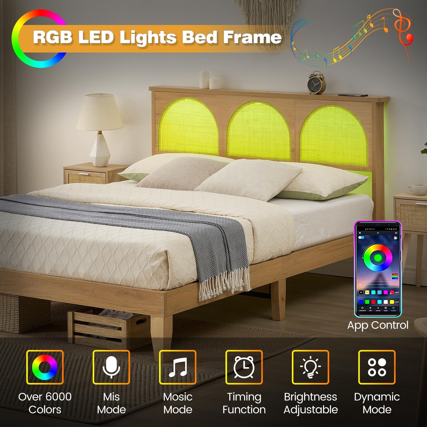 Queen Boho Rattan Bed Frame, Wooden Bed Platform with Storage, Smart RGB LED Natural Rattan Headboard, No Box Spring Needed, Under Bed Storage, Easy Assembly Solid Wood Foundation with Silent Slats