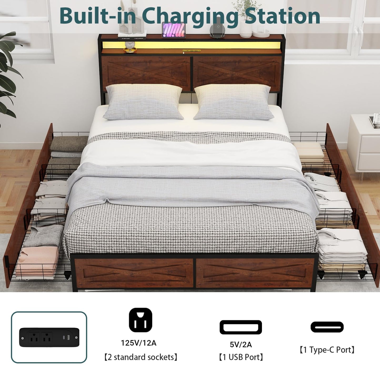 Zevemomo Full LED Bed Frame with 6 Storage Drawers, Farmhouse Headboard w/Charging Ports Station, Full-Size Platform Bed Frame No Box Spring Needed, Metal Structure & Wood Boards, Rustic Bed Frames