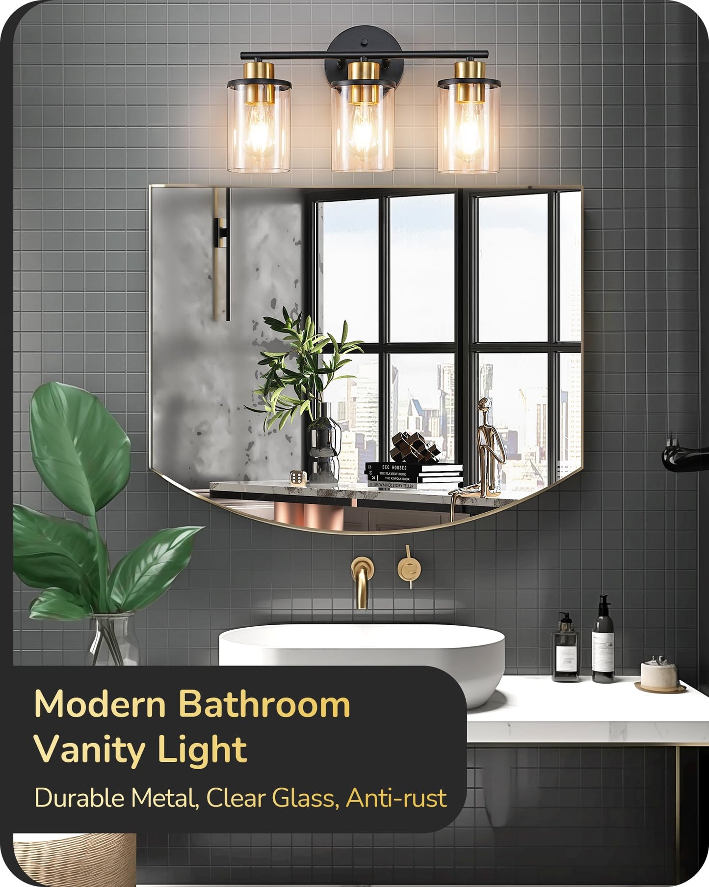 EDISHINE 3-Light Bathroom Vanity Light Fixture, Metal, Black and Gold, Model HHVL04H, Clear Glass Shade