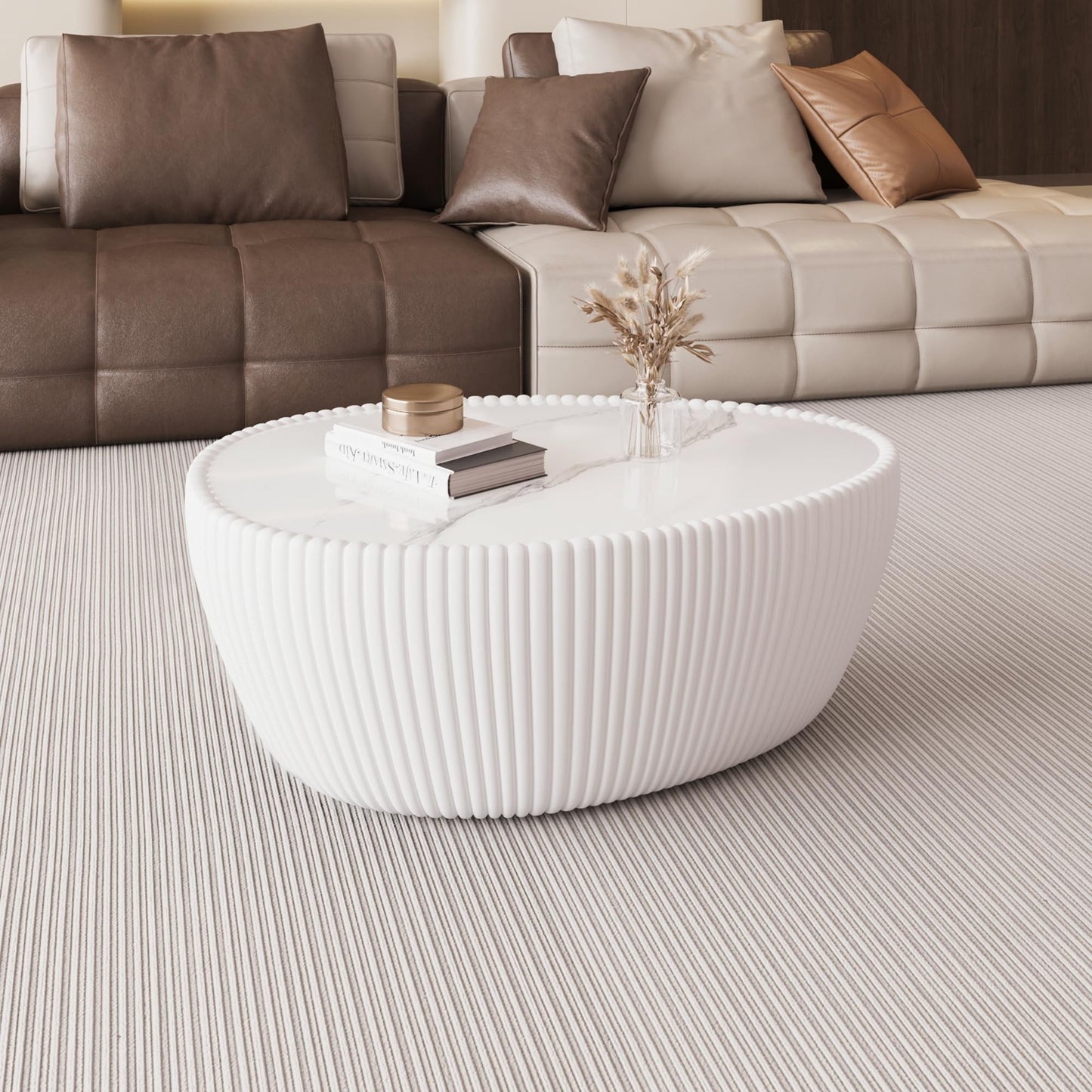KEIKI 32.1" Goose Eggs Shape Coffee Table, Modern Sofa Side Table with Marble Top & Leather Wrap, Small End Table for Living Room, Bedroom, Office, White