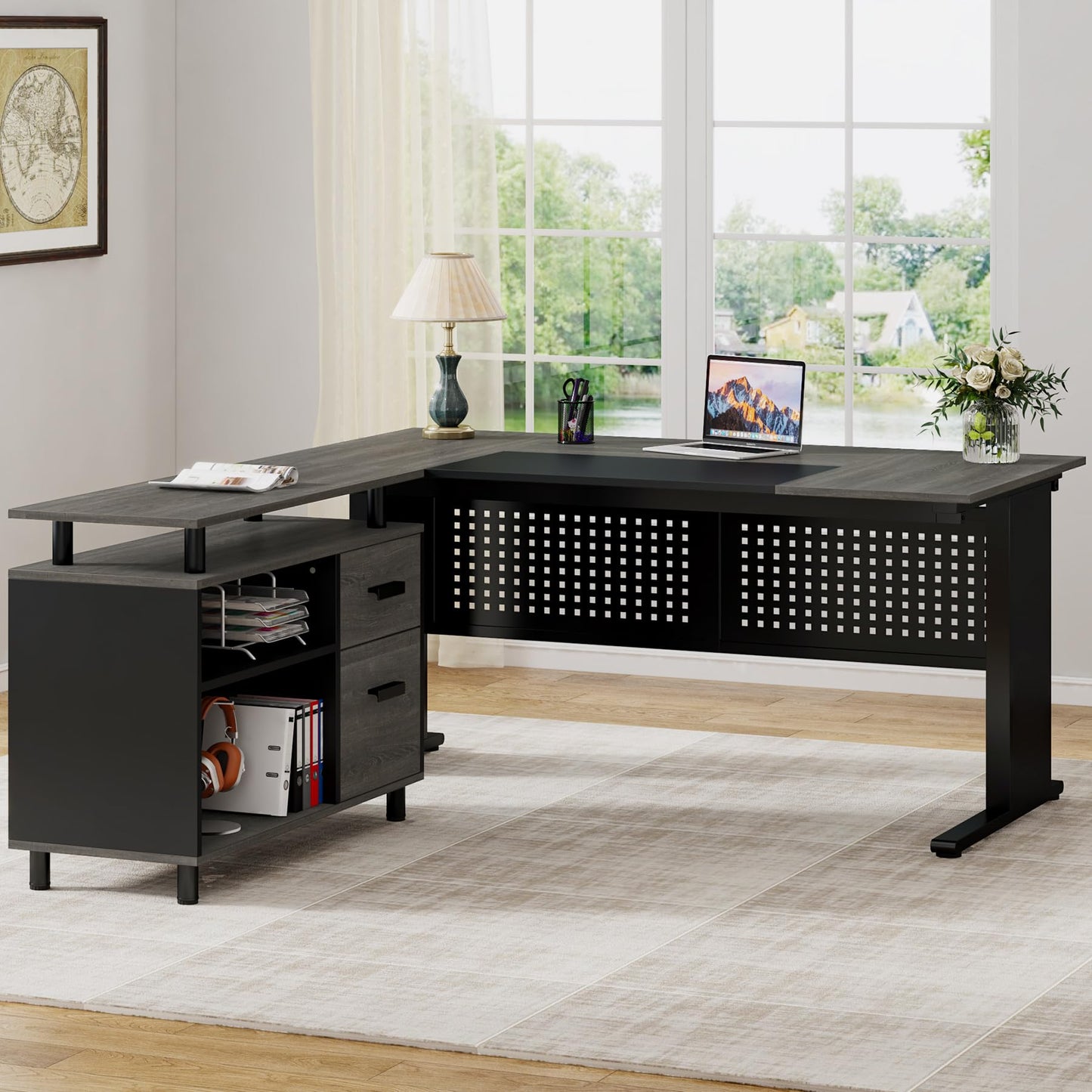 Tribesigns 63 Inch Executive Desk with File Cabinet, L Shaped Office Desk with Drawers and Storage Shelves, Business Furniture Set Workstation for Home Office, Gray and Black