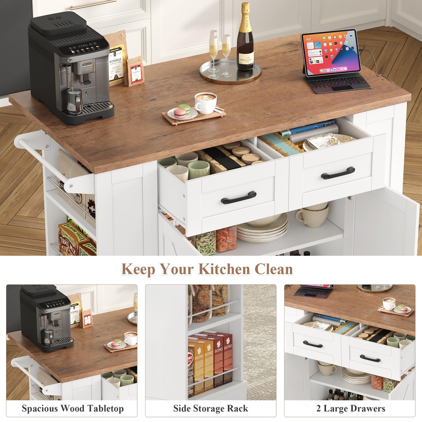 Keyluv Kitchen Storage Island with 2 Stools, 51.2” Mobile Kitchen Cart with Drop Leaf & Power Outlet, Rolling Island Table Dining Room Buffet with 2 Drawers & Side Storage Rack &Towel Rack, White