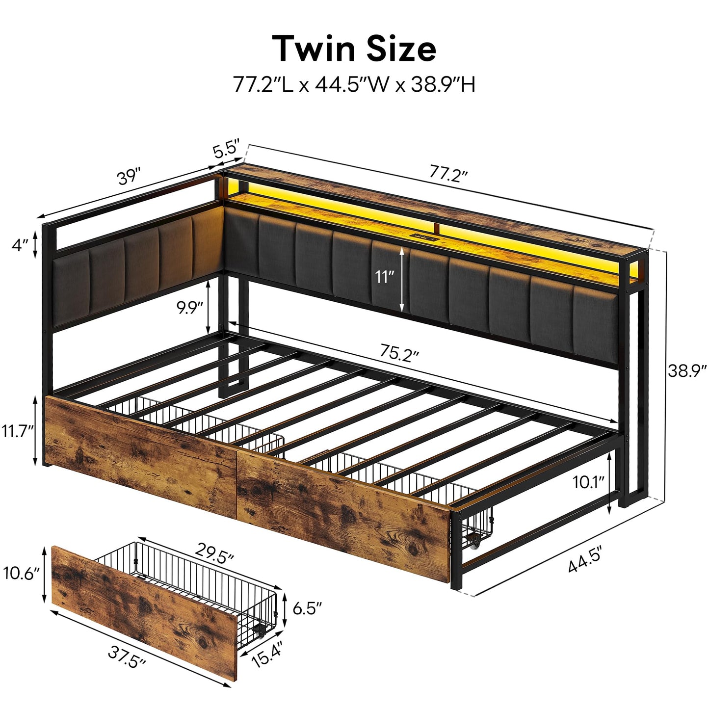 LIKIMIO Corner Bed Frame Twin Daybed with Storage Drawers, Metal Platform Bed Frame with LED Light, Charging Station & Fabric Upholstered Fence, Black