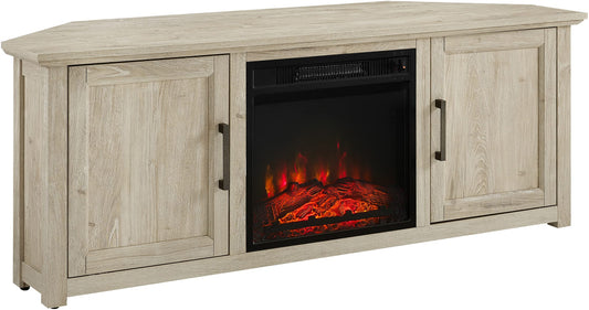 Crosley Furniture Camden Corner Fireplace TV Stand for 65+ inch TVs, Entertainment Center with Storage Shelves, Frosted Oak