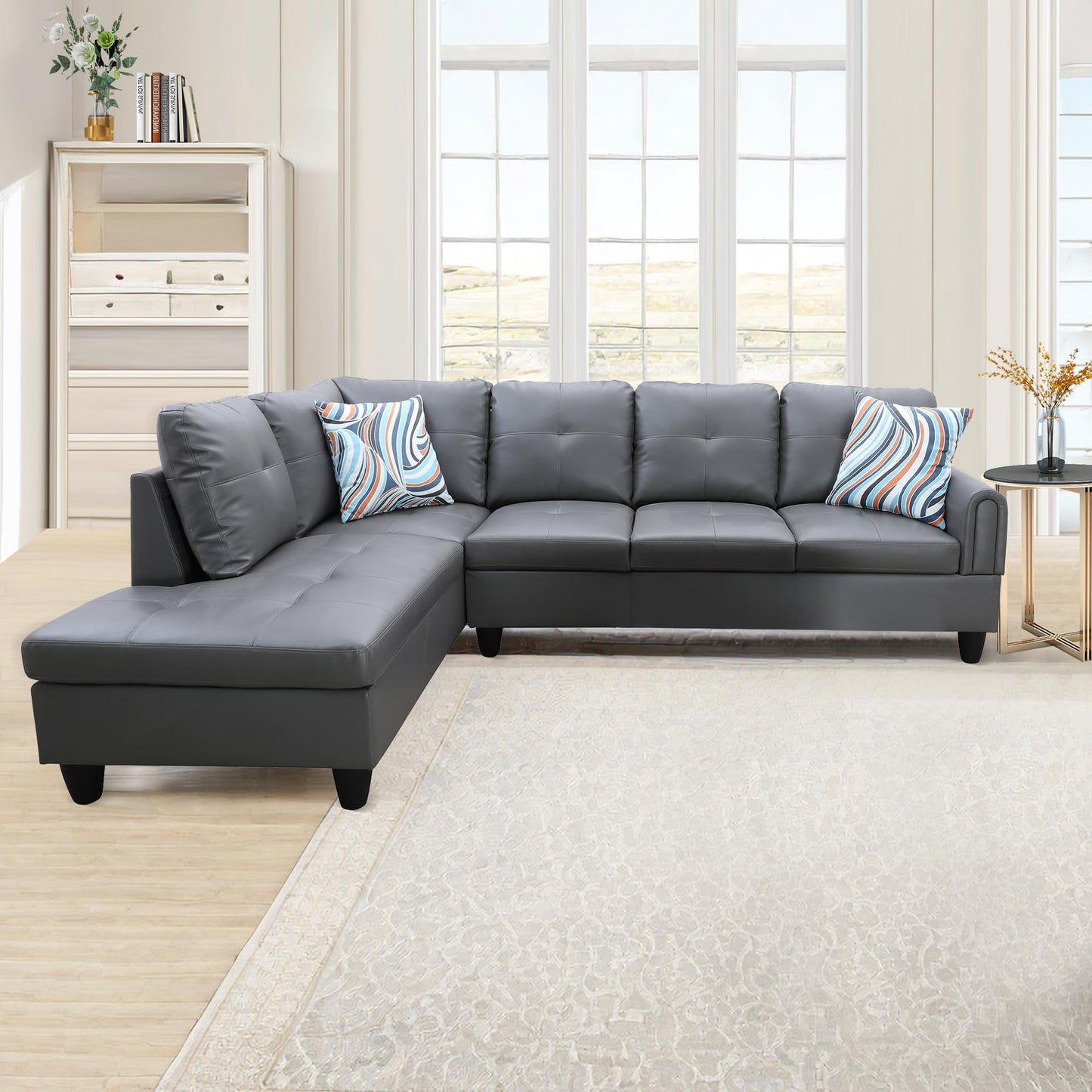 NicBex Sectional Couch L Shaped Couch Sofas for Living Room Living Room Furniture Sets Faux Leather Couch with Chaise and Back Cushions for Living Room and Apartment, Silver Grey