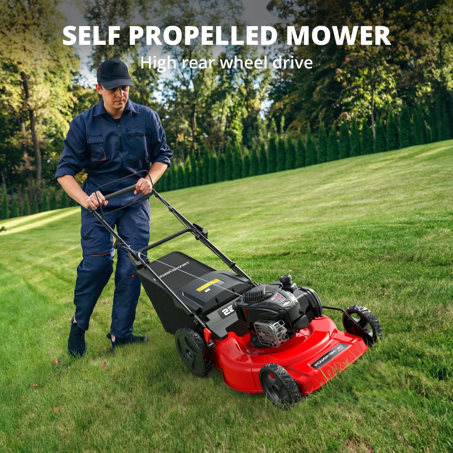 PowerSmart 22-Inch Gas Lawn Mower Self-Propelled, 150cc B&S Engine, 3-in-1 Mulching System, 6 Cutting Heights, Rear-Wheel Drive, Durable Steel Deck