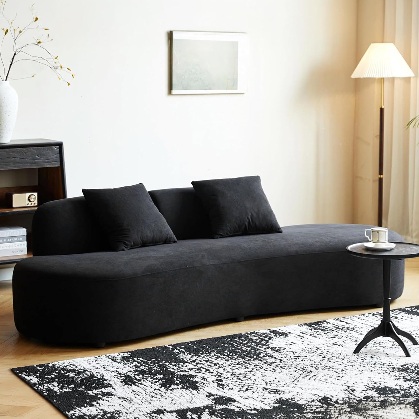 Container Furniture Direct 90" Curved Sofa with Throw Pillows, 4 Seater Luxury Velvet Couch with Half Moon Design and High-Density Foam, Ideal for Modern Living Room, Office & Apartment, Black