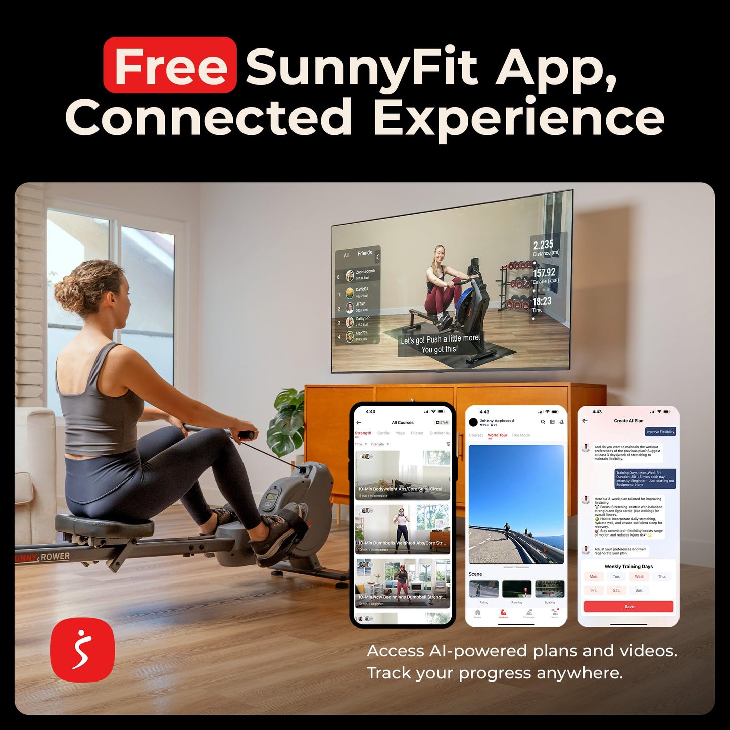Sunny Health & Fitness Smart Dual Rail Magnetic Rower, 16-Level Quiet Resistance for Home Workouts, Full Body Low-Impact Cardio Rowing Machine, Free SunnyFit App Connect, 300 LB Capacity - SF-RW524079
