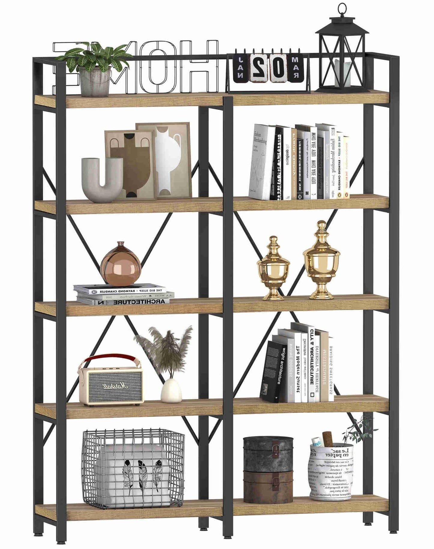 FATORRI Bookshelf, 5 Tier Industrial, Tall Etagere Bookcase, Rustic Wood and Metal Book Shelf with Large Open Shelving Unit for Home Office Living Room (Rustic Oak, 51 Inch Wide)