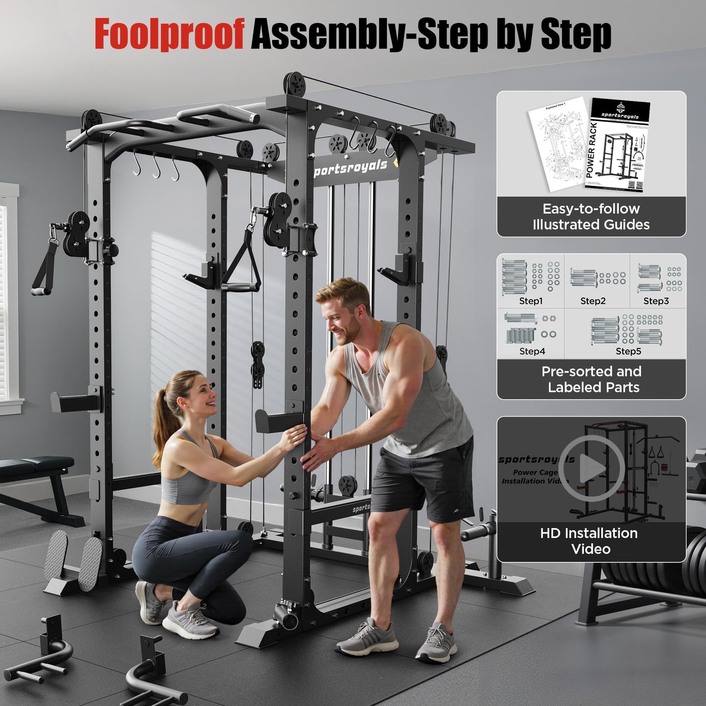 Sportsroyals Power Cage, Multi-Functional Squat Rack, Power Rack with Pulley System & LAT Pull Down, Workout Cage with J Hooks for Home Gym