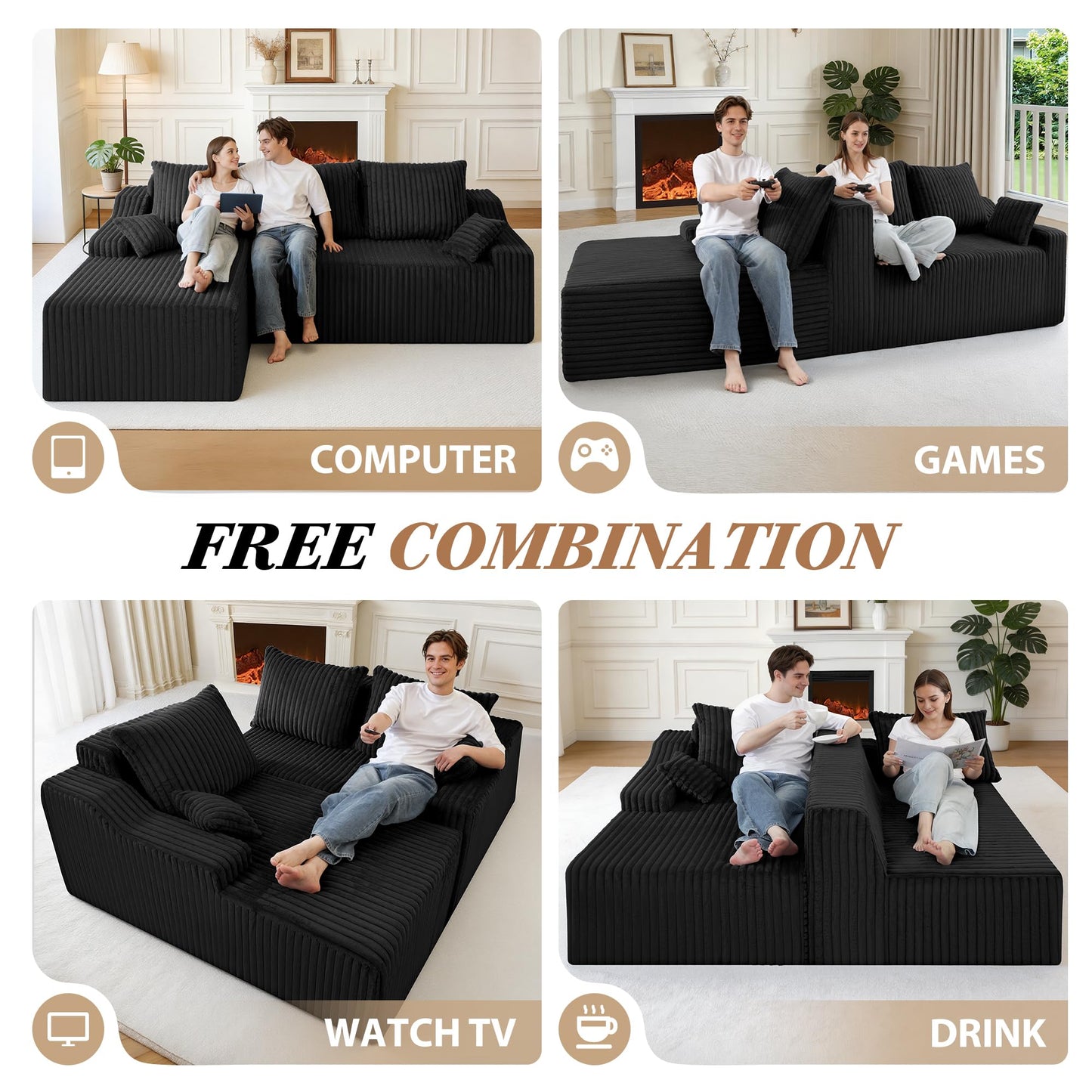 HABUTWAY 94" L-Shape Modular Sectional Sofa Couch for Living Room, No Assembly Required, Boneless Couch with Deep Seat for Living Room Bedroom, No Assembly Required (Black,Left)