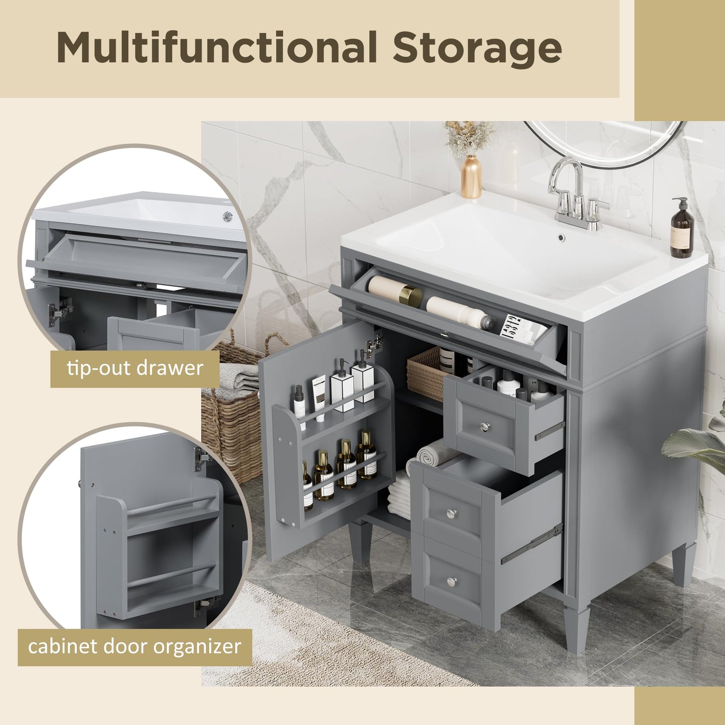 Favfurish 30" Bathroom Vanity Without Top Sink,Modern Freestanding Bath Storage Cabinet with 2 Soft-Close Drawers and Tip-Out Tray & Cabinet Door Organizer,Adjustable Shelf,Easy Assembly,Grey