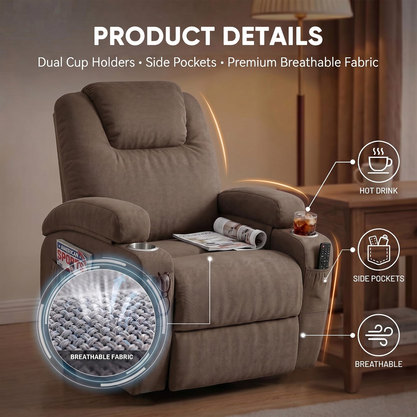 Flamaker Power Lift Chair Massage Recliner Chairs for Elderly - Ergonomic Design with Cup Holders & Side Pockets, Remote Control (Dark Brown)
