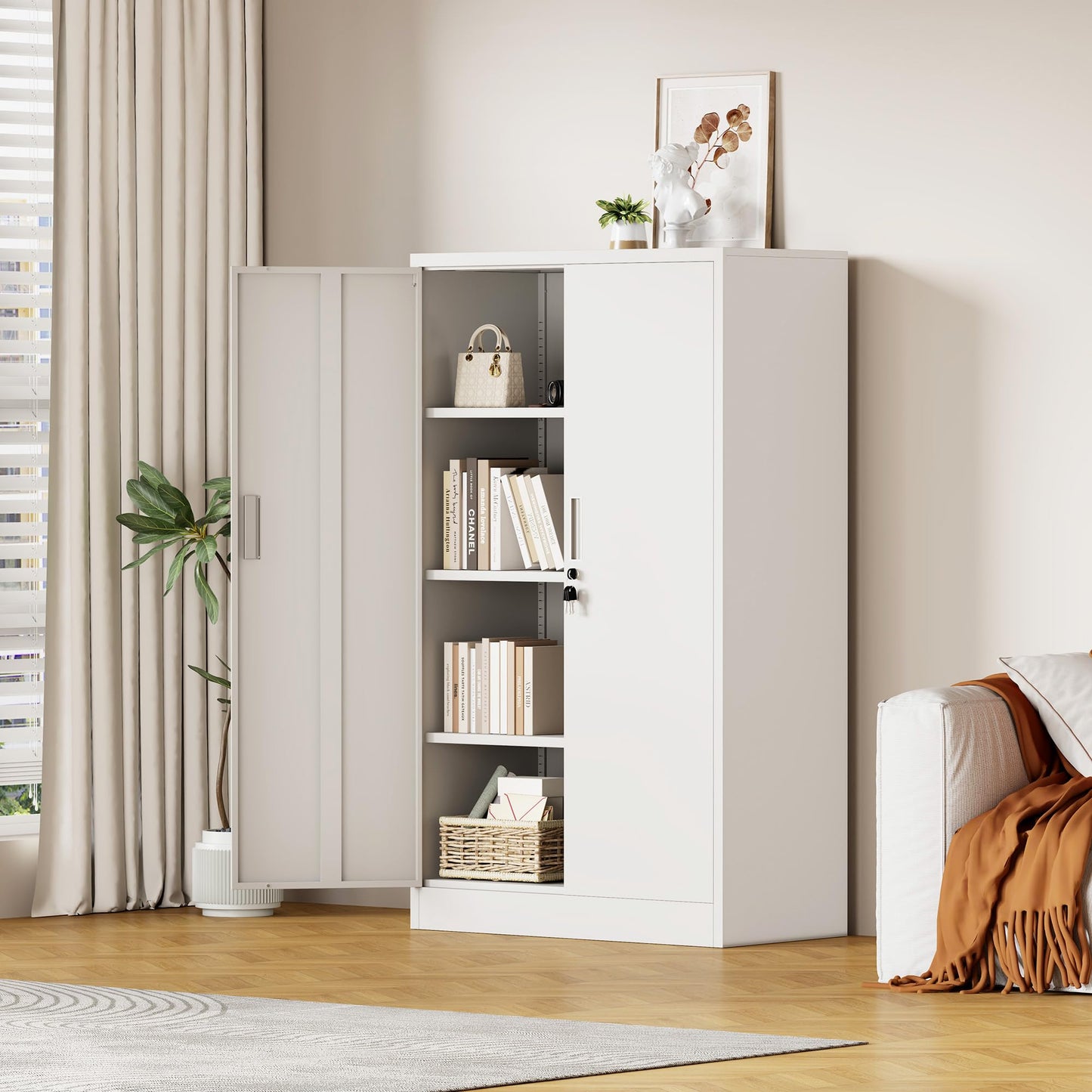 JINKUR Metal Storage Cabinet with Locking Doors and 3 Adjustable Shelves, Lockable Storage Cabinets for Home Office Garage Kitchen Pantry (White)