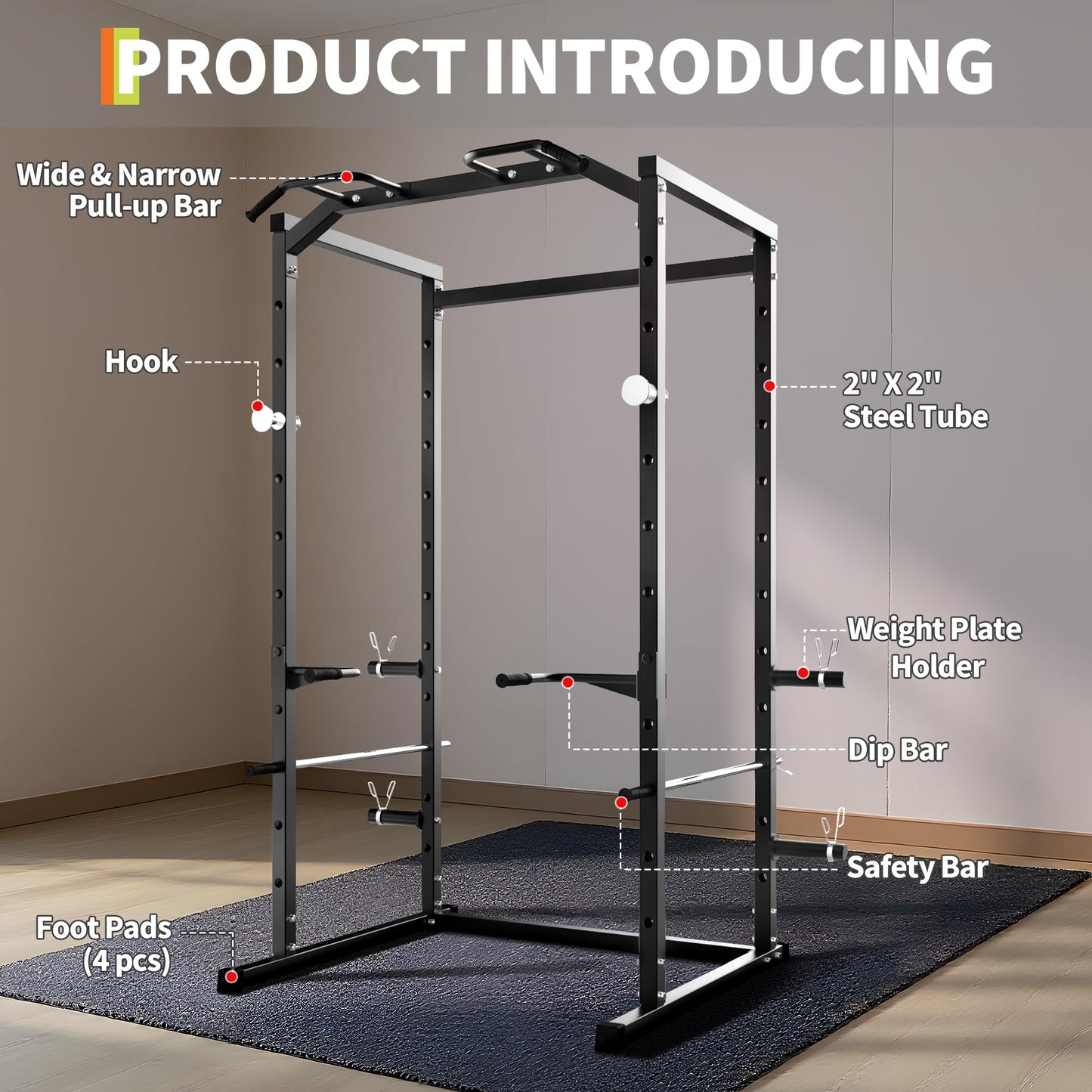 ActiveTrail Heavy-Duty Power Cage with Pull-Up Bar, 1100LB Capacity Squat Rack for Home Gym Strength Training with Adjustable j-Hooks & Safety Bars