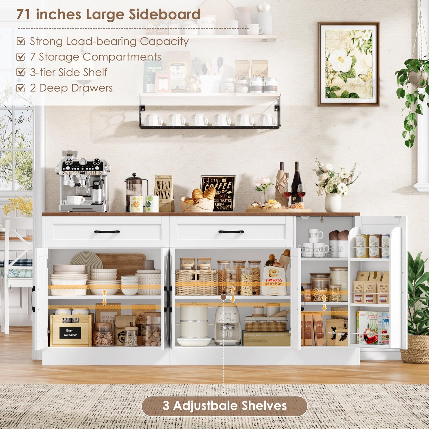 BOTLOG 71” Large Sideboard Buffet Cabinet with Storage, Farmhouse Buffet Cabinet with Adjustable Shelves and 3 Door Shelves, Wood Coffee Bar Console Table for Kitchen, Dining Room (White)