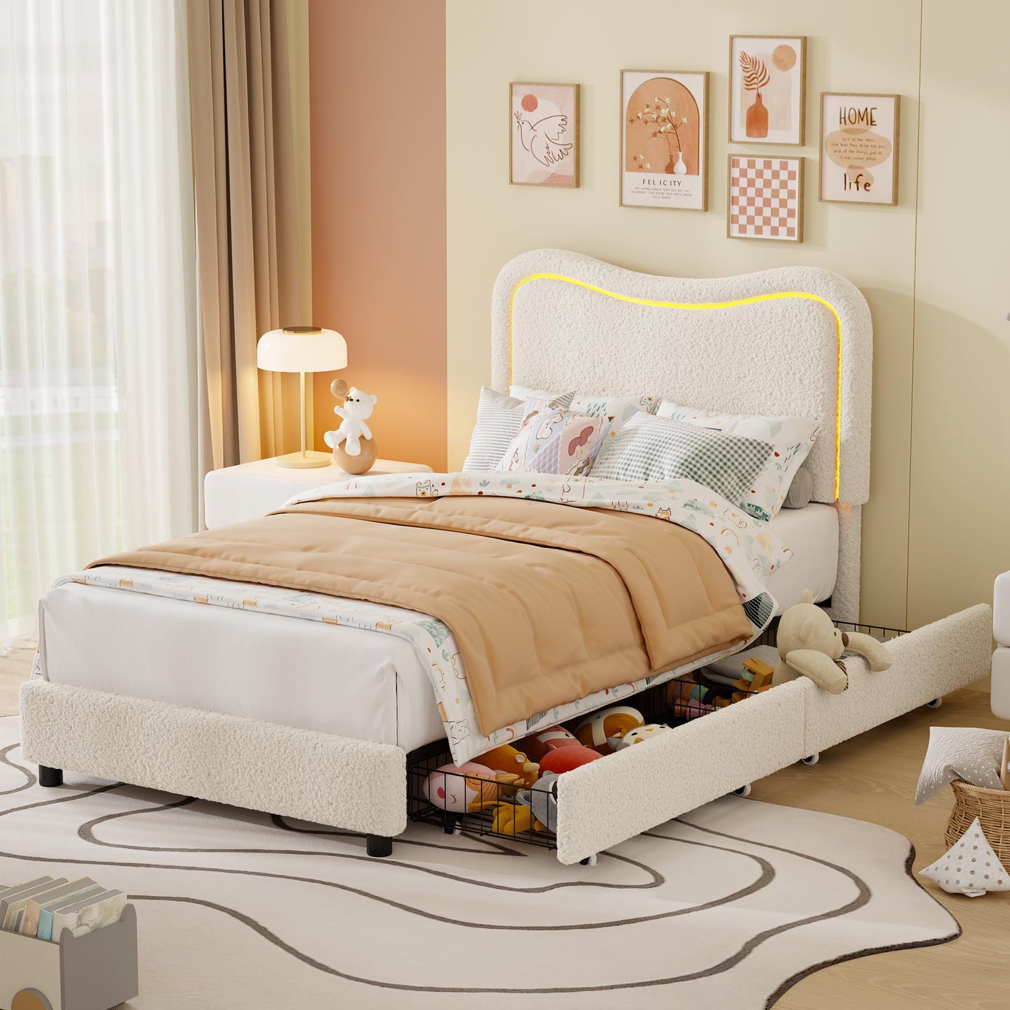 Garvee Boucle Twin Bed Frame with 2 Storage Drawers, Upholstered Platform Bed with LED Headboard, Wood Slats Support, No Box Spring Needed for Kids, Teens-Beige