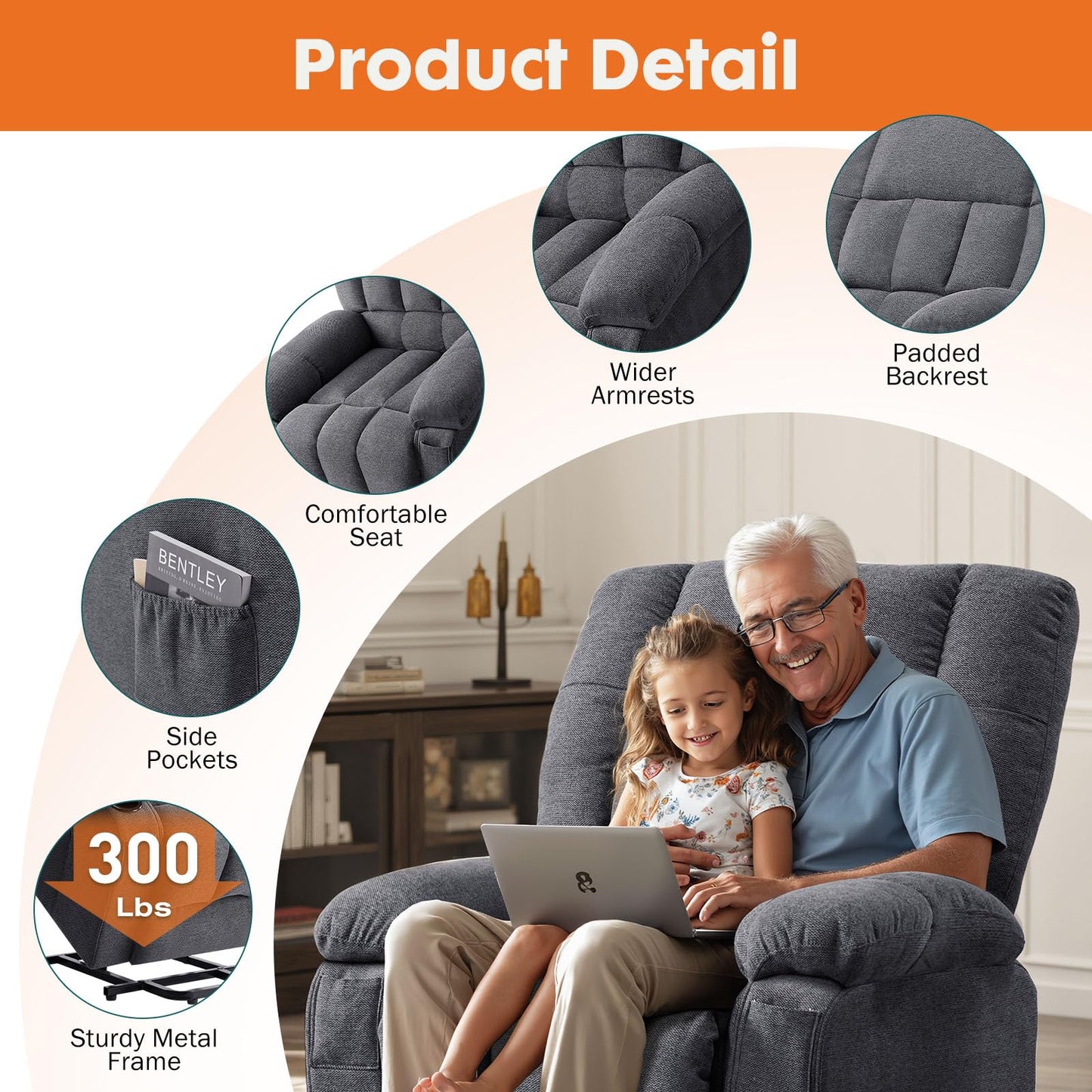 Sweetcrispy Power Lift Recliner Chair with Vibration Massage and Heat for Elderly, Ergonomic Overstuffed Breathable Fabric Reclining Chair with 3 Pockets, Remote Control, Living Room, Light Brown
