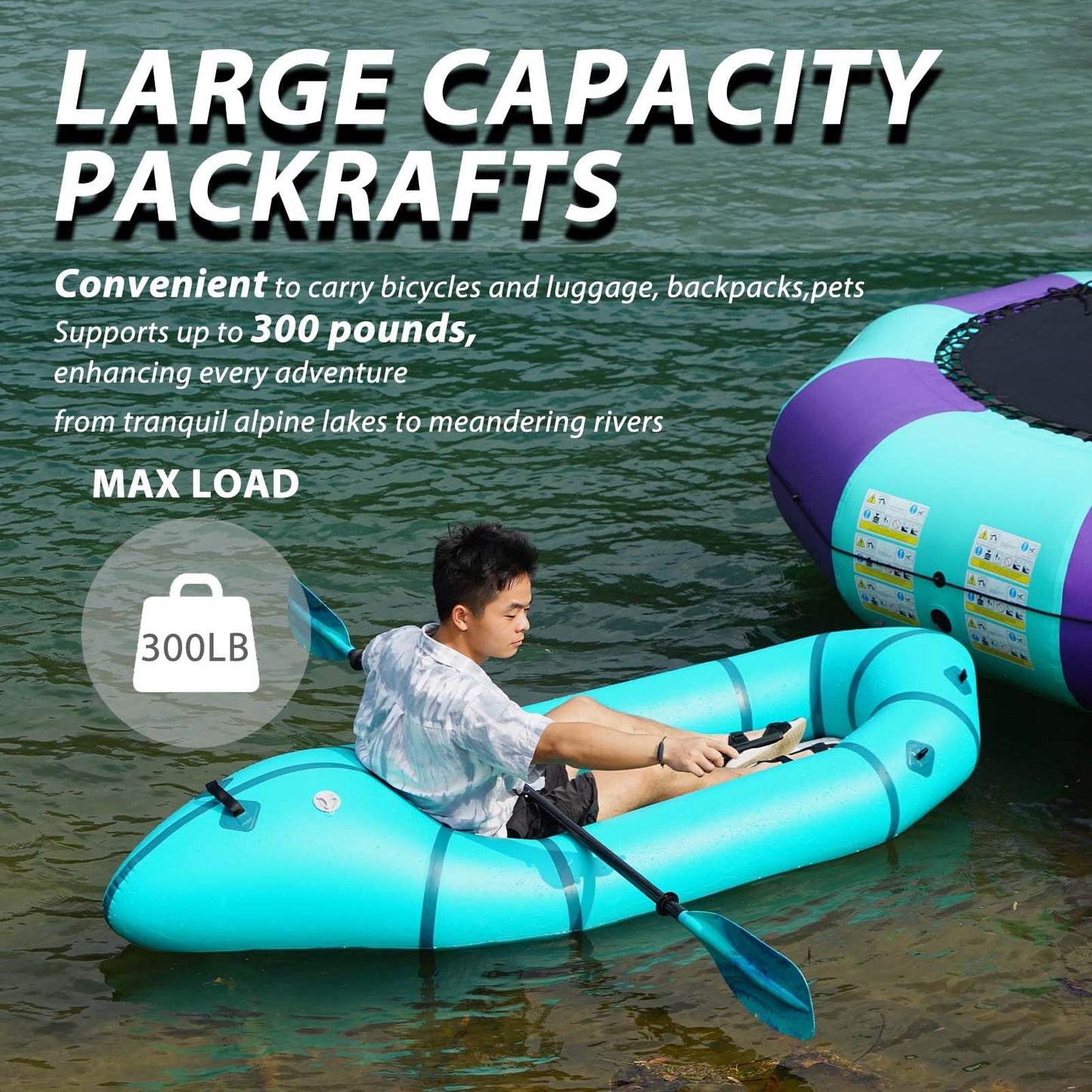 JUSTOOP PVC Packrafts,1 Person Packraft for Flat Water Rafting Camping Trip/Fishing/Water Adventures, Travel Kayak with Two-Way Manual Pump, 300lb Weight Capacity, Teal