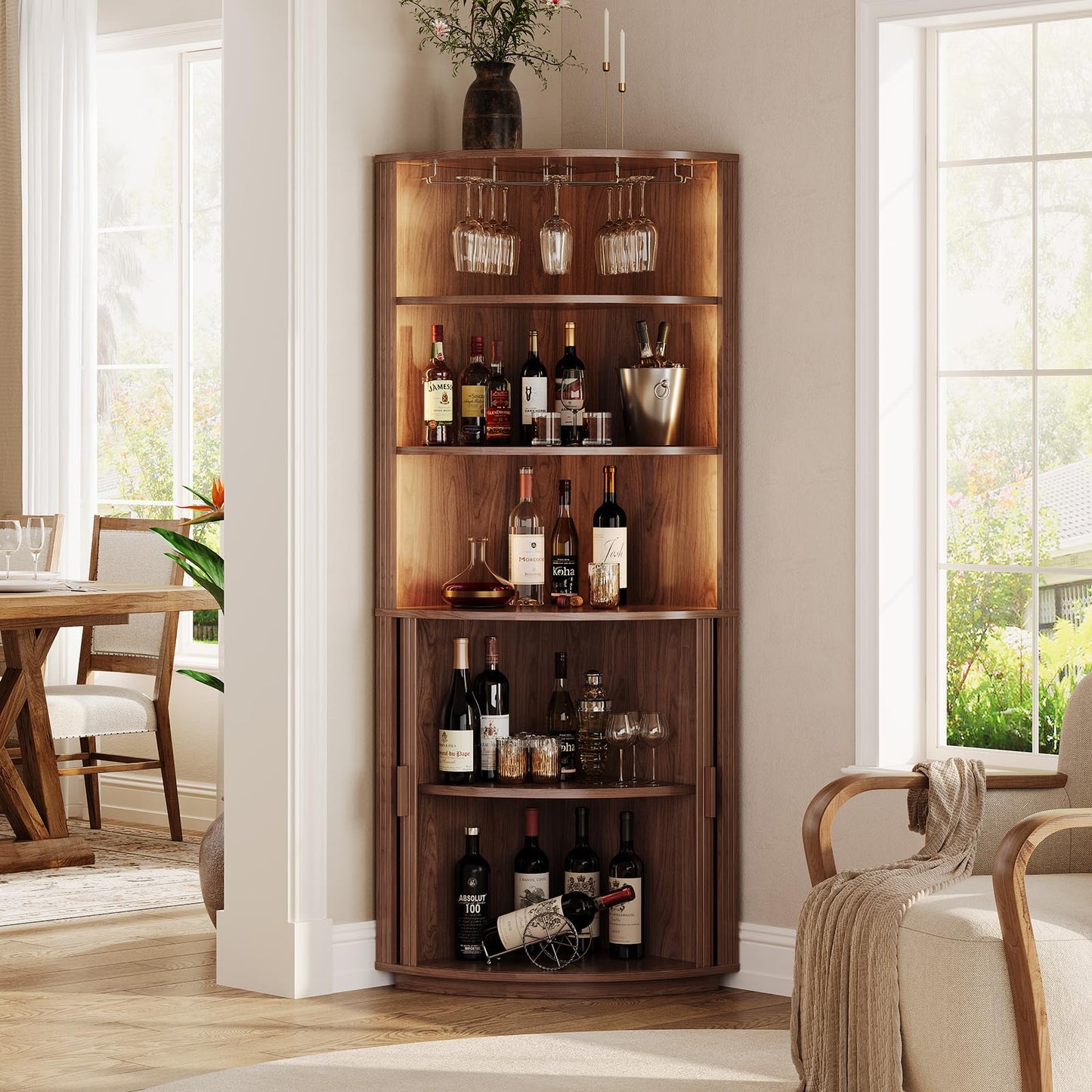 72" Tall Corner Bar Cabinet, Fluted Wine Cabinet with LED Lights, Mid-Century Modern Wine Bar with Sliding Door & Glass Holder, Coffee Bars Station for Living Room, Walnut