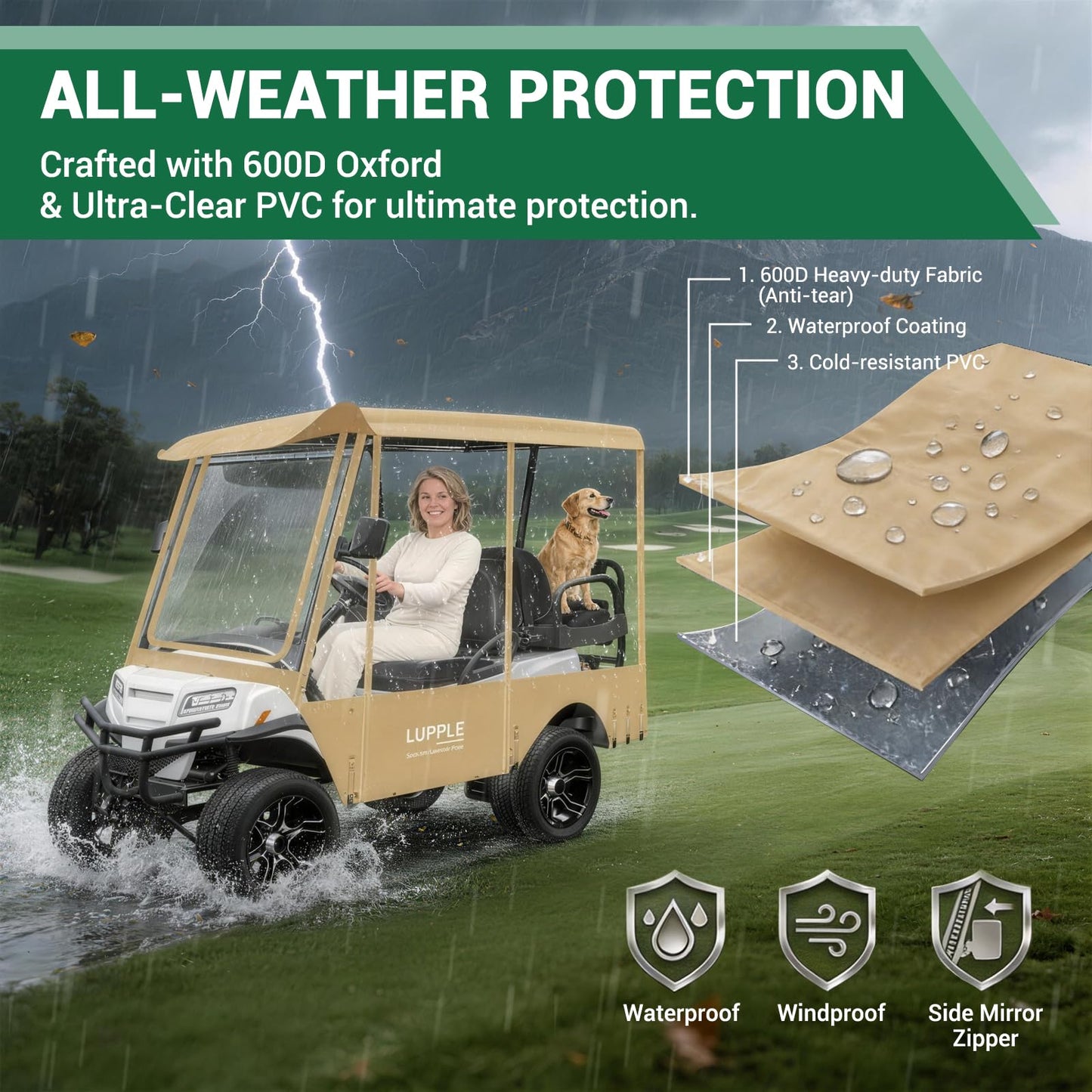 LUPPLE Universal 80 Inch Golf Cart Enclosure for EZGO TXT RXV, Fit Club Car Onward Tempo, Golf Cart Enclosure 4 Passenger Extended Roof, 600D Waterproof Windproof Rain Cover Khaki