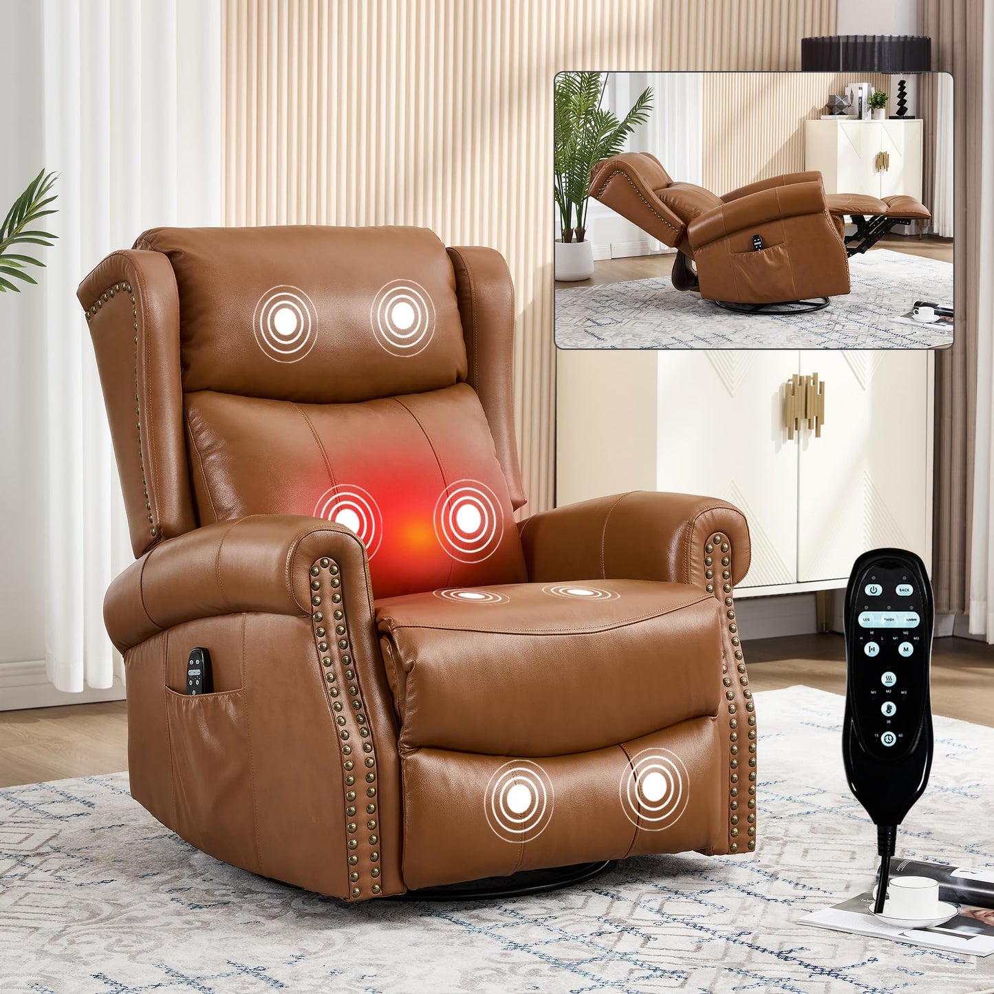 Heat Massage Manual Recliner Chair with Rocking and 360° Swivel Base, Genuine Leather Recliner Chair with Lumbar Heat, 8-Point Vibration Massage, 155° Reclining Living Room Chair, Dark Yellow