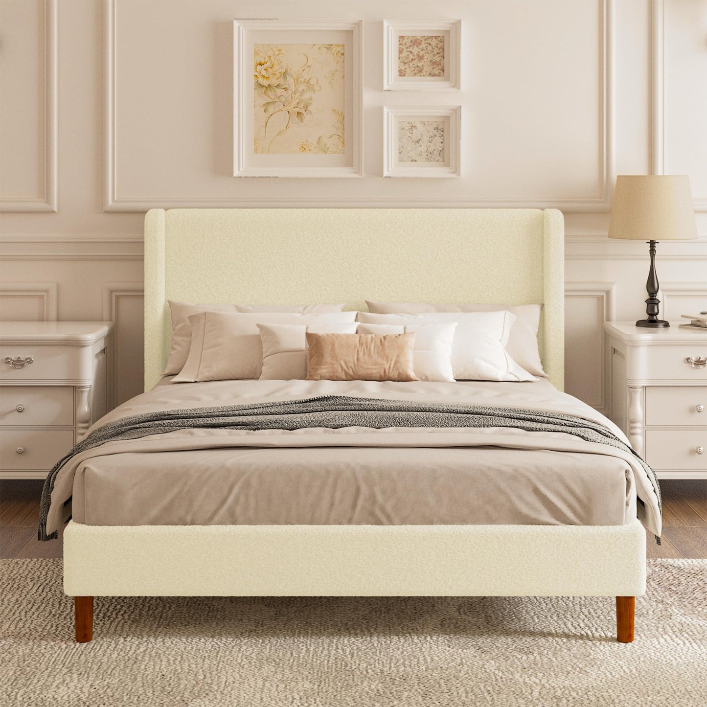 Lcwtvgxr Full Boucle Upholstered Platform Bed Frame, Beige